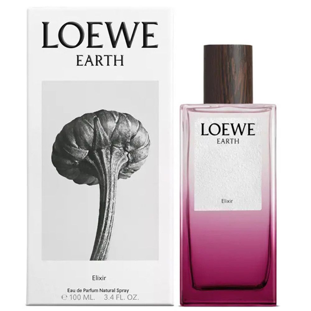 Loewe Earth Elixir Eau de Parfum Flakon und Verpackung. Flakon mit Holzdeckel und Farbverlauf.