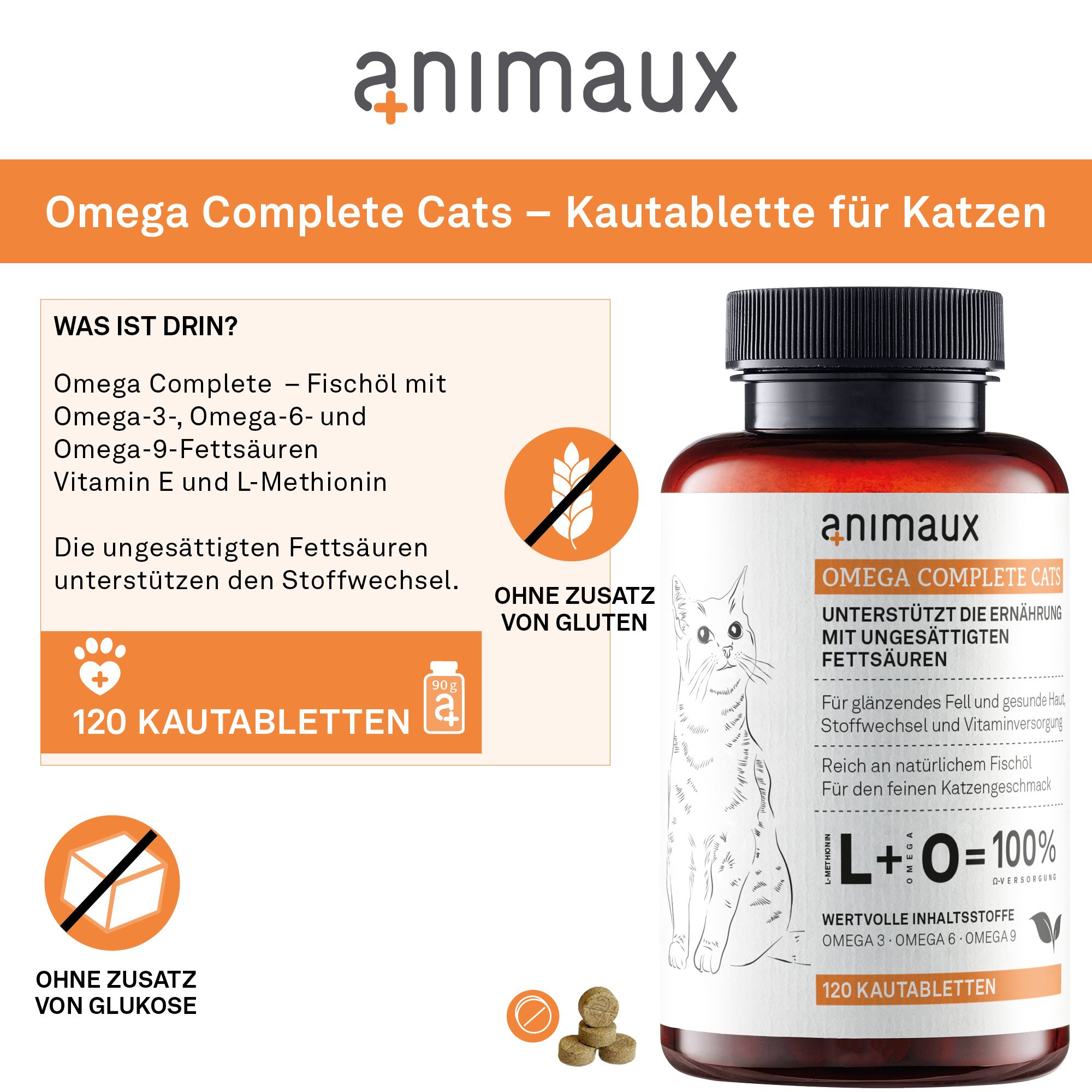 Flasche mit Katzenkautabletten, daneben Informationen zu Inhaltsstoffen, "Ohne Zusatz von Gluten/Glukose".