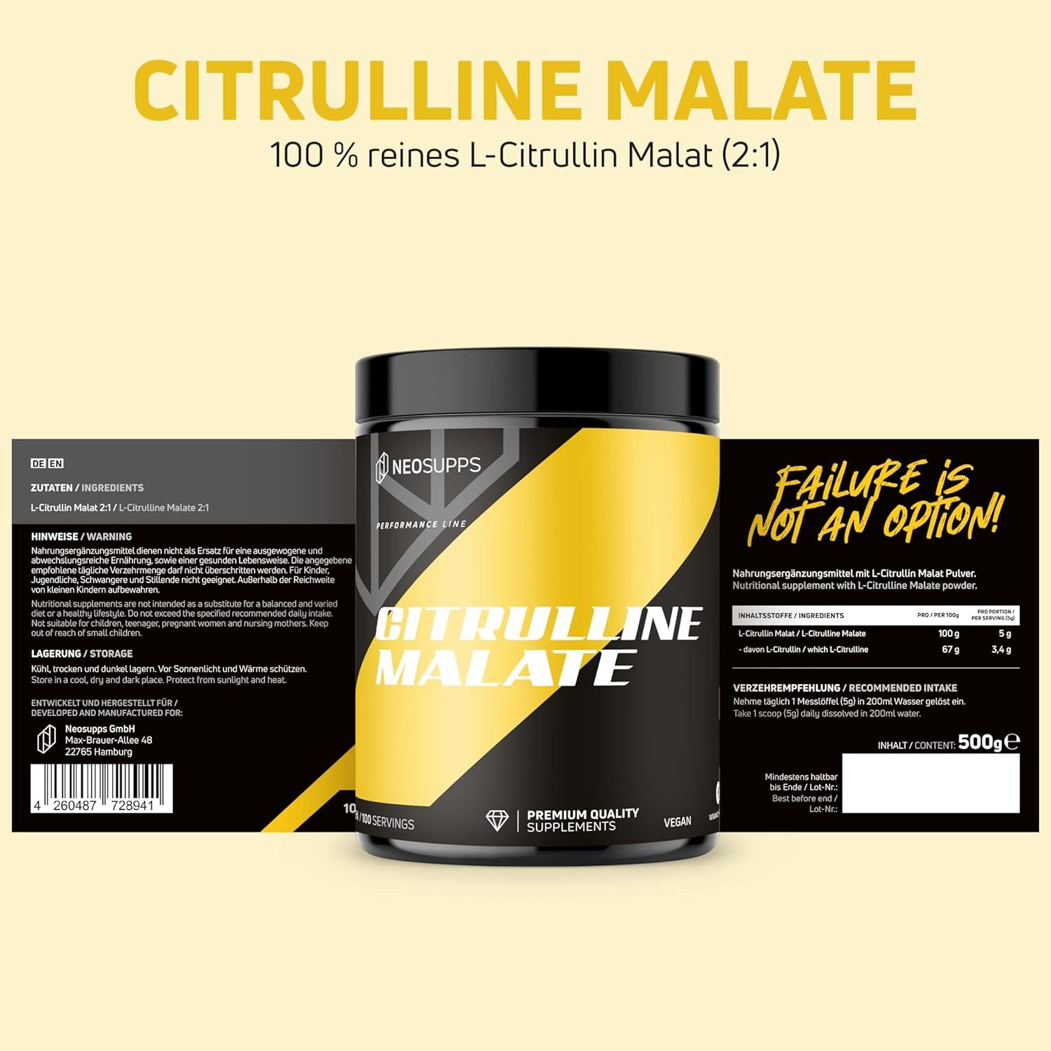 Schwarze Dose mit gelbem Streifen, CITRULLINE MALATE Schriftzug. Text: 100% reines L-Citrullin Malat (2:1). Vegan. 500g. Beipackzettel.