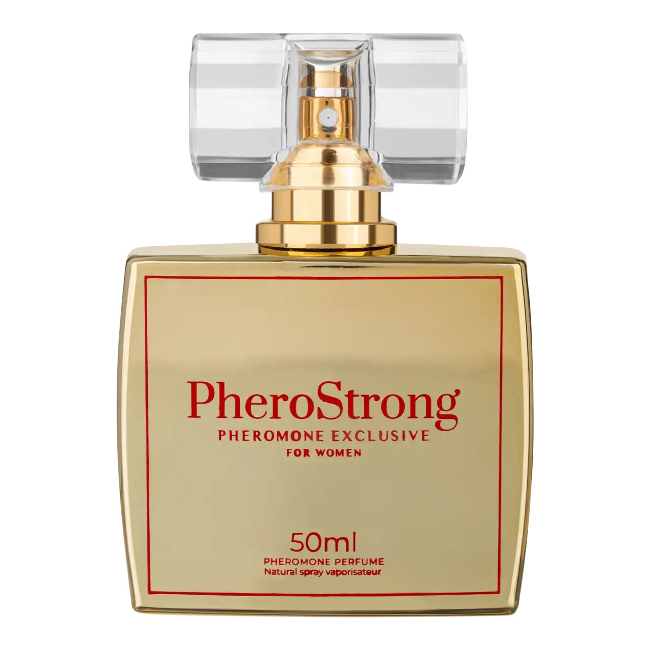 Goldfarbener Flakon mit Sprühkopf. Roter Schriftzug: PheroStrong Pheromone Exclusive für Frauen. 50ml.