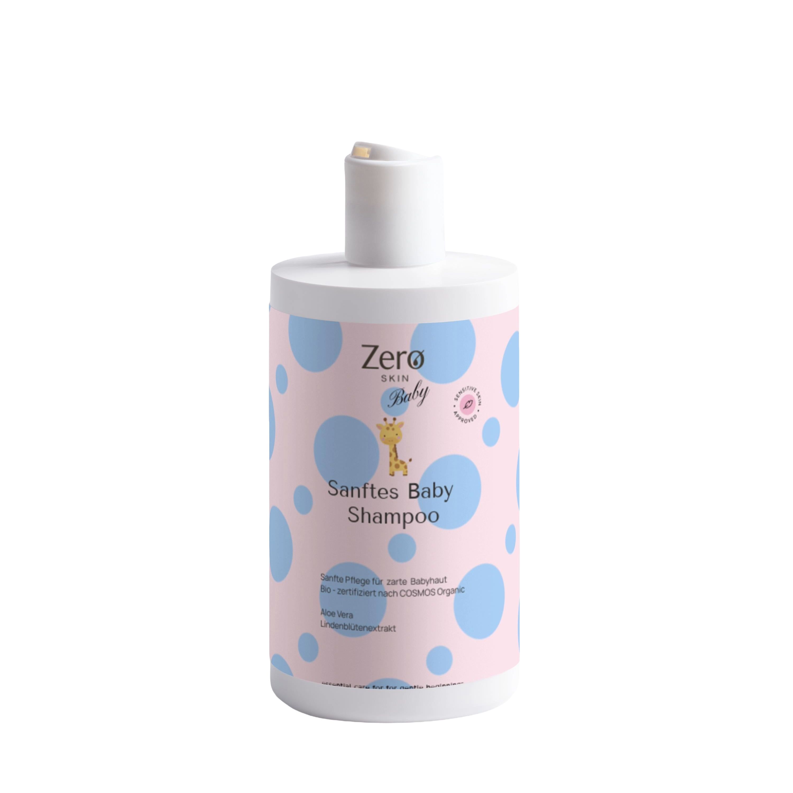 Zero Skin Sanftes Baby Shampoo Flasche mit rosa und blauen Punkten. Enthält eine Giraffe und Text.