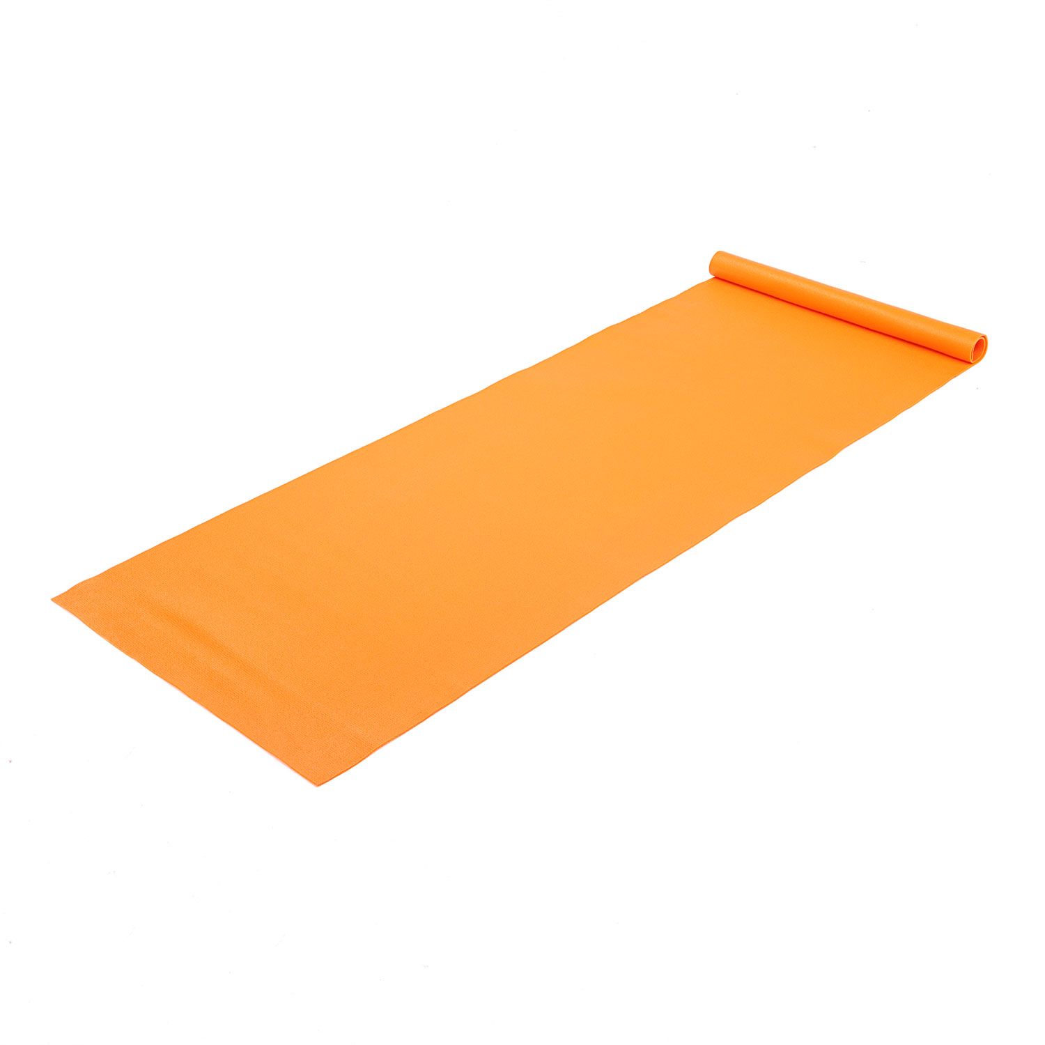 Orangefarbene PVC-Matte, teilweise ausgerollt. Die Matte liegt auf einer weißen Oberfläche.