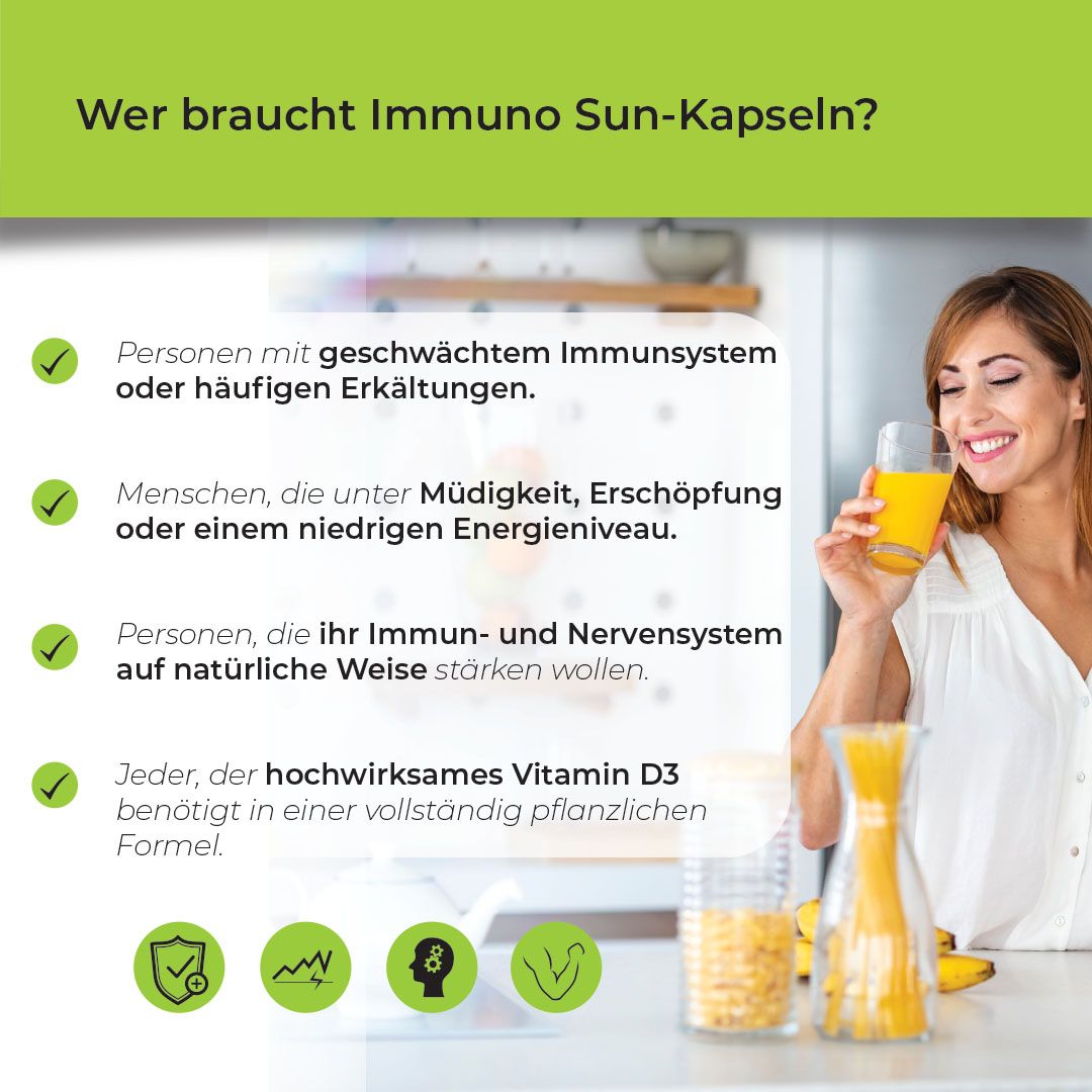Frau mit Glas Orangensaft. Text: Wer braucht Immuno Sun-Kapseln? Personen mit geschwächtem Immunsystem.