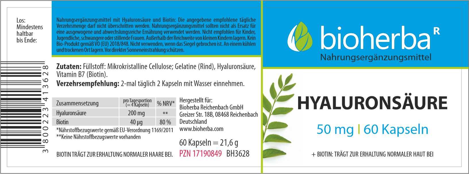 Etikett mit weißem Hintergrund, blauem Streifen und Schriftzug: Bioherba Hyaluronsäure Kapseln. Enthält Informationen zu Inhaltsstoffen und Dosierung.