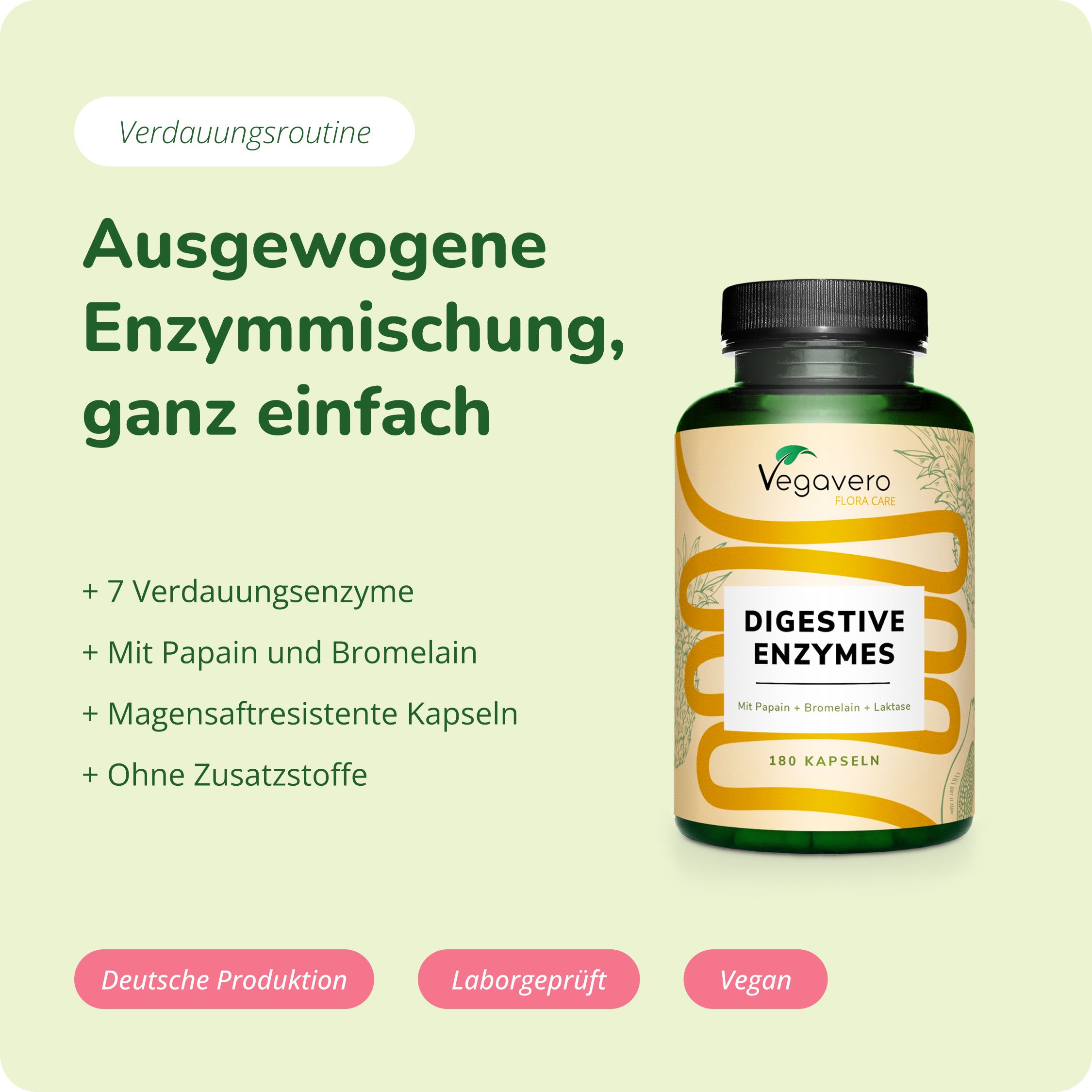 Vegavaro Digestive Enzymes: 180 Kapseln, magensaftresistent, ohne Zusatzstoffe.