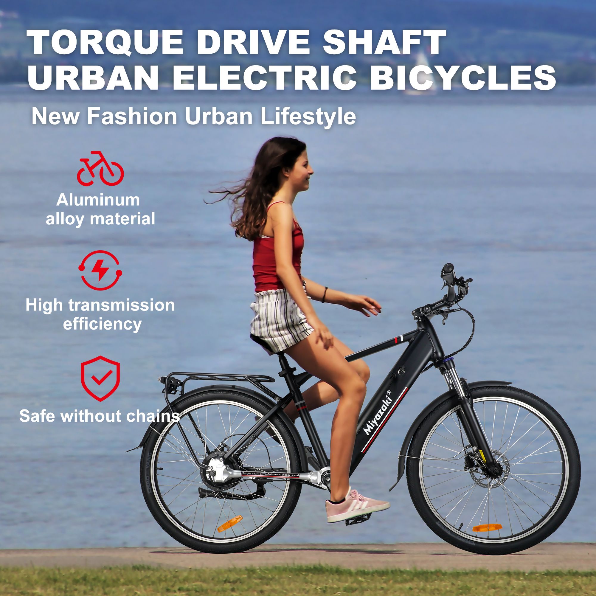 Schwarzes Miyazaki Elektrofahrrad. Eine Frau fährt am Seeufer. Text: Aluminiumlegierung, hohe Übertragungseffizienz, sicher ohne Ketten.