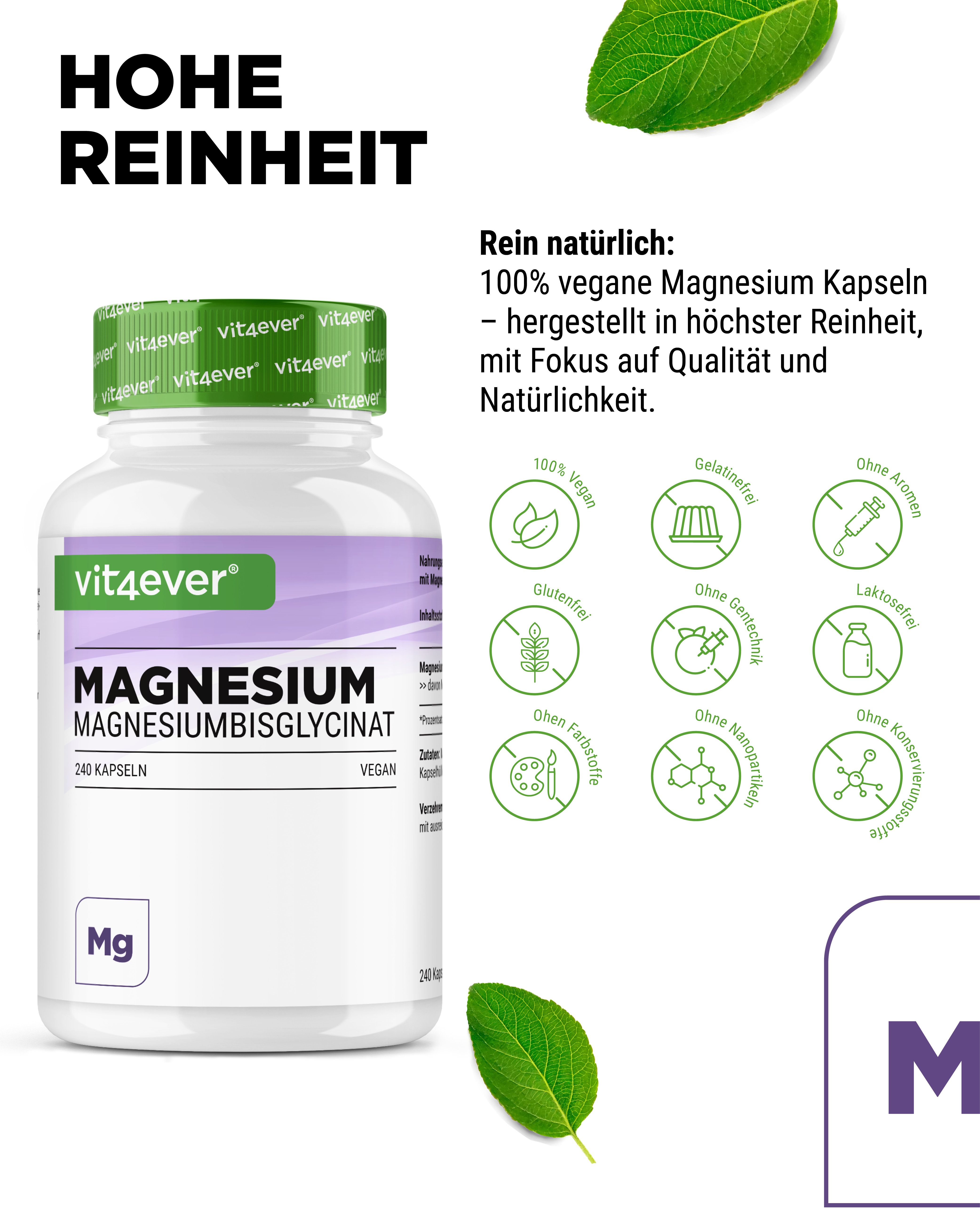 Weißes Pillenbehälter mit grünem Deckel. Aufschrift: Magnesiumbisglycinat. Text: Hohe Reinheit. Symbole für vegan, glutenfrei, etc.