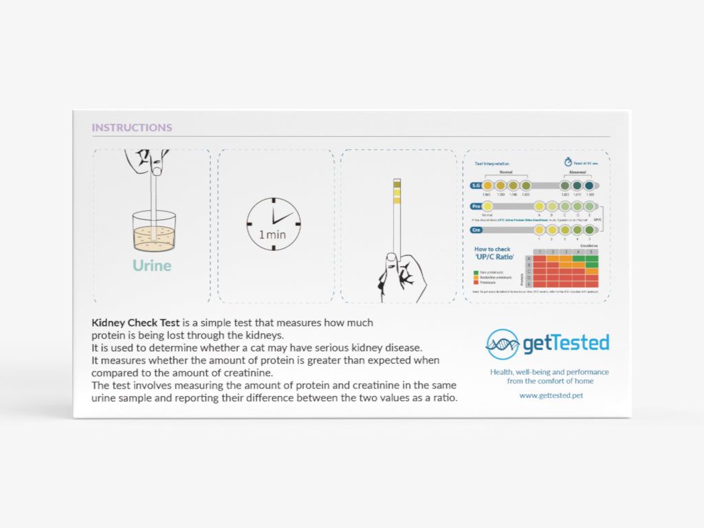 GetTested Nierentest für Katzen. Verpackung mit Anweisungen und Diagrammen. Teststreifen und Urinbecher-Illustrationen.