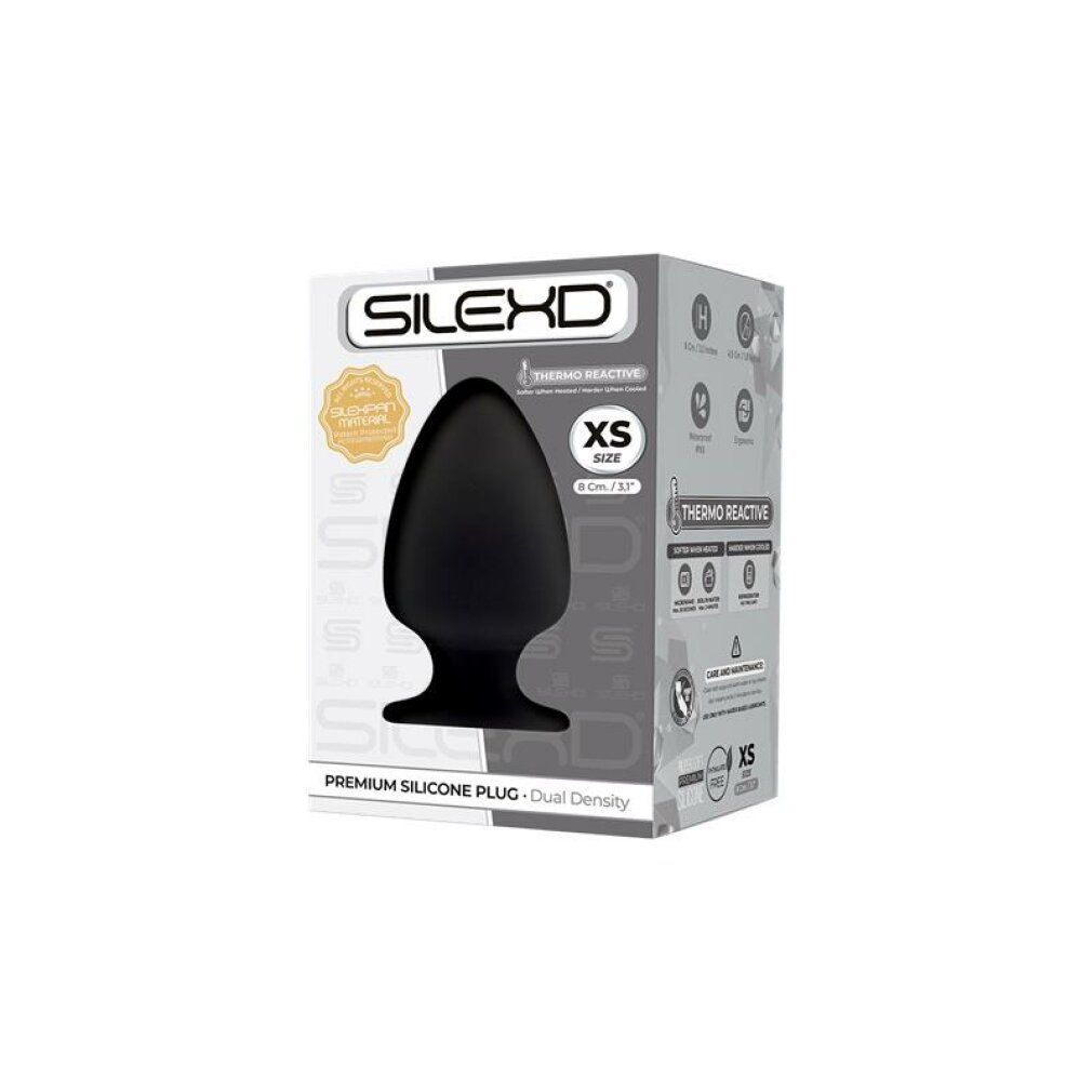 Schwarzer, kegelförmiger Analplug in Verpackung. Marke SILEXD, Größe XS. Premium-Silikon, duale Dichte. Thermo Reactive.
