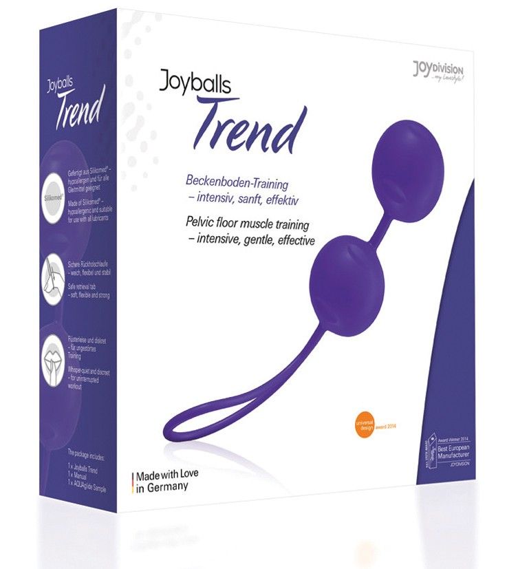 Violette Joyballs® Trend in Verpackung. Zwei Kugeln mit Verbindungsstück und Schlaufe. Aufschrift: Beckenboden-Training.