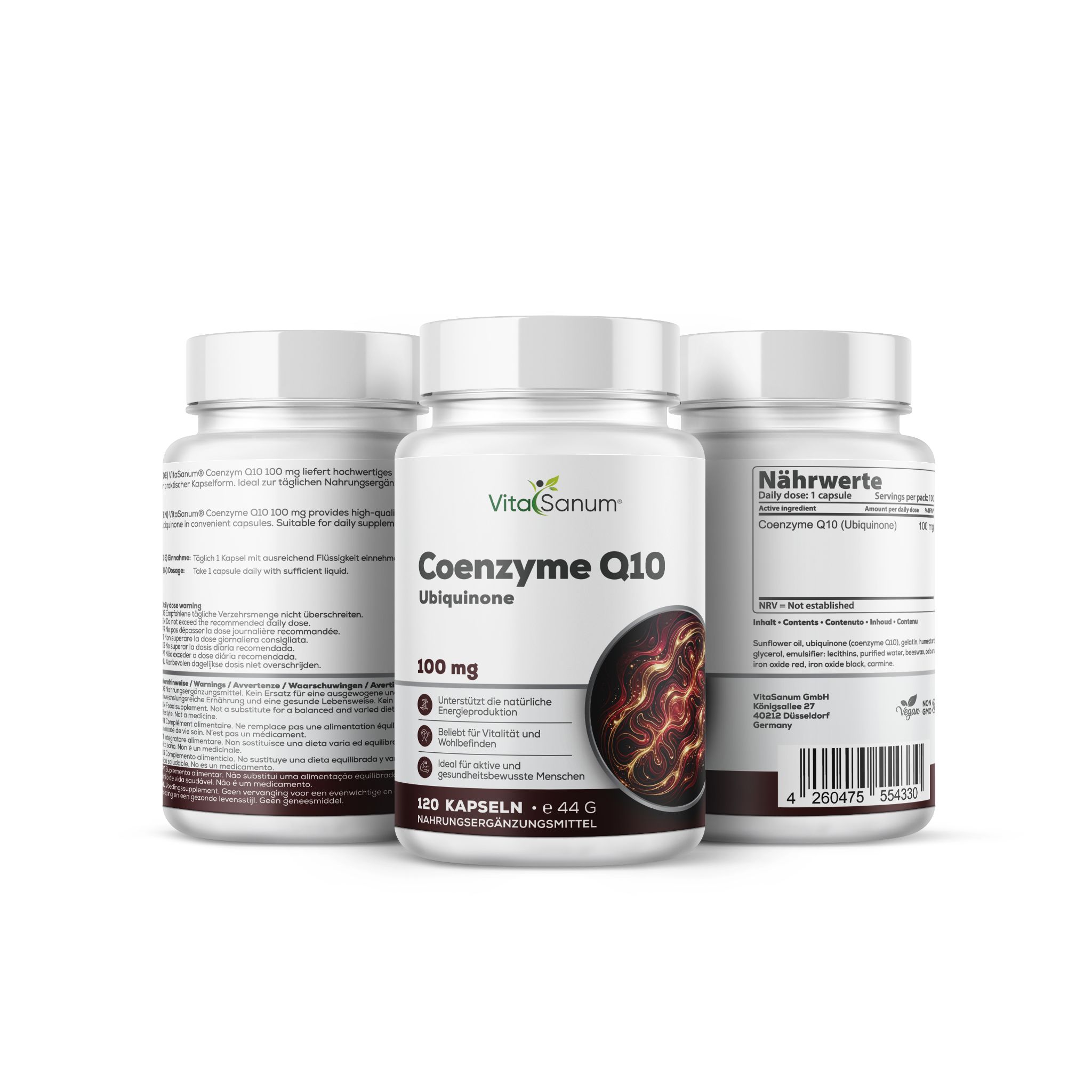 Drei Dosen VitaSanum Coenzym Q10, 100 mg. Eine Dose zeigt die Vorderseite, zwei die Rückseite.