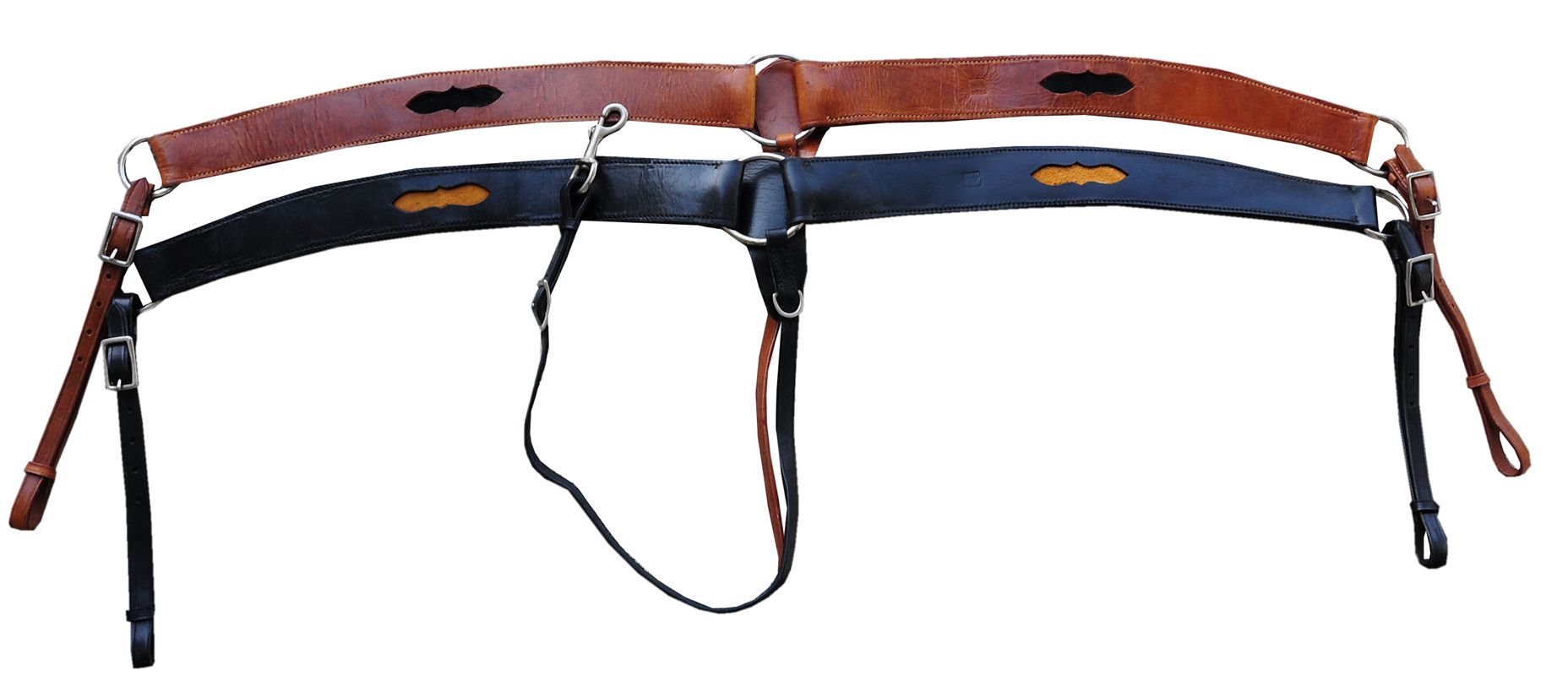 Zwei Western Vorderzeuge mit bunten Einsätzen. Braunes und schwarzes Leder.