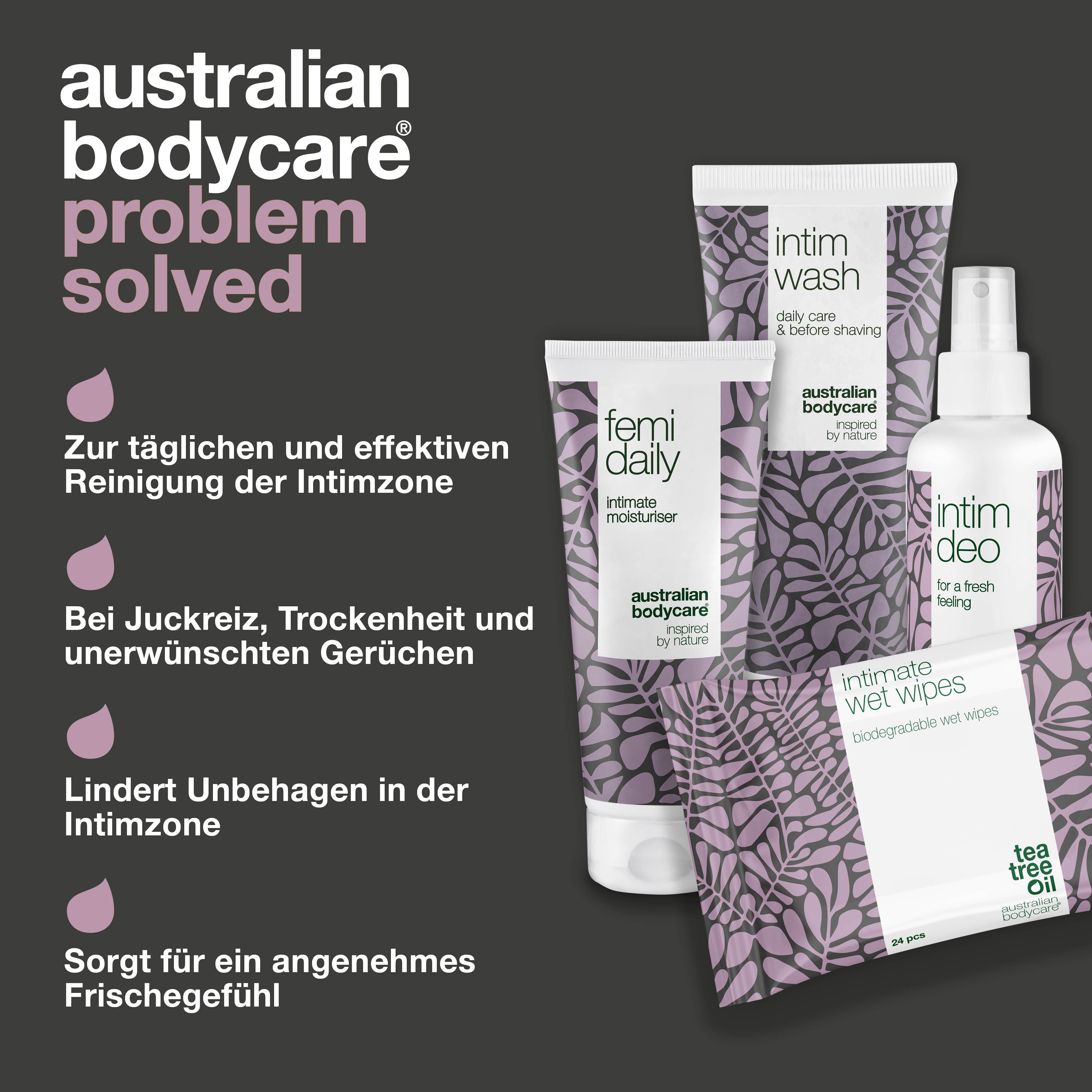 Vergleich von Problemen und Lösungen. Produkte zur Intimpflege. Text: Zur täglichen Reinigung, bei Juckreiz, lindert Unbehagen.