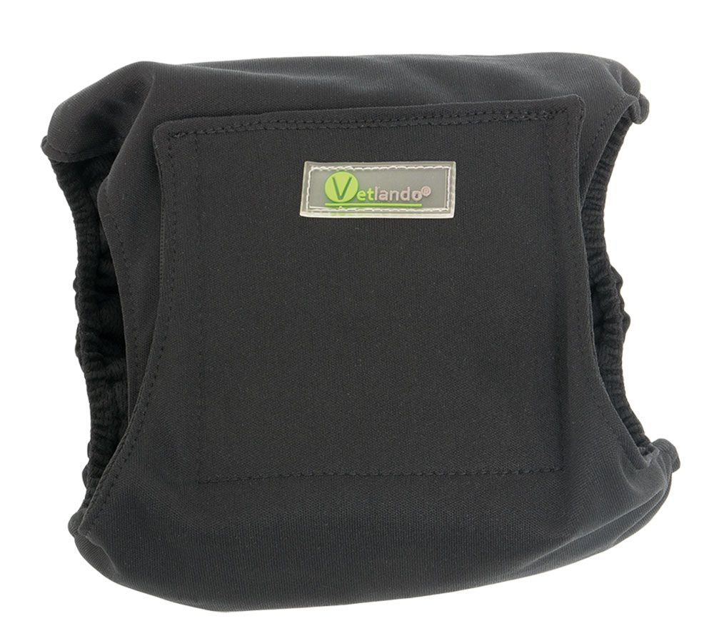 Schwarze Rüdenwindel mit eingenähtem Etikett "Vetlando". Elastischer Bund und rechteckige Form.