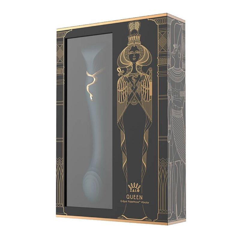 Verpackung des Vibrators. Schwarze Box mit goldfarbenen Verzierungen und Produktabbildung. Sichtfenster.