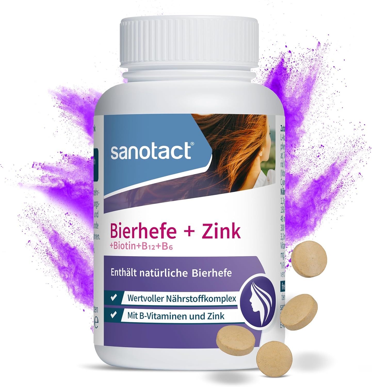 Weiße Flasche sanotact Bierhefe + Zink. Aufschrift: Enthält natürliche Bierhefe, wertvoller Nährstoffkomplex, mit B-Vitaminen und Zink. Tabletten daneben.
