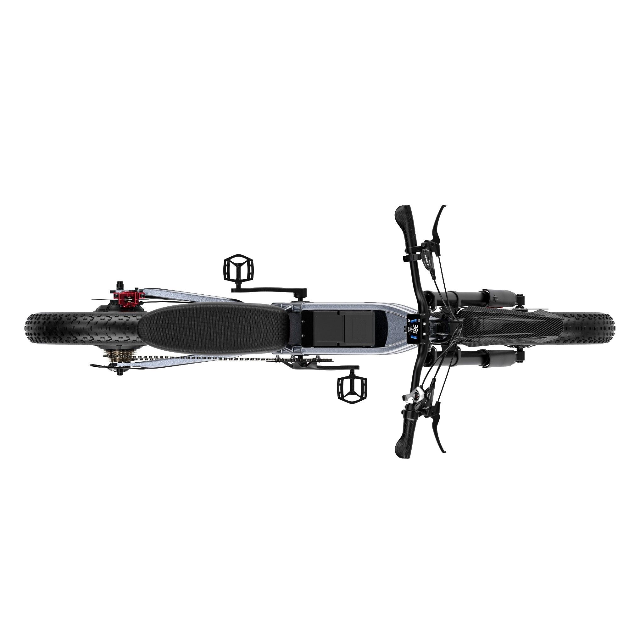 Draufsicht auf ein schwarzes E-Mountainbike. Lenker, Sattel, Pedale sichtbar. Auf weißem Hintergrund.