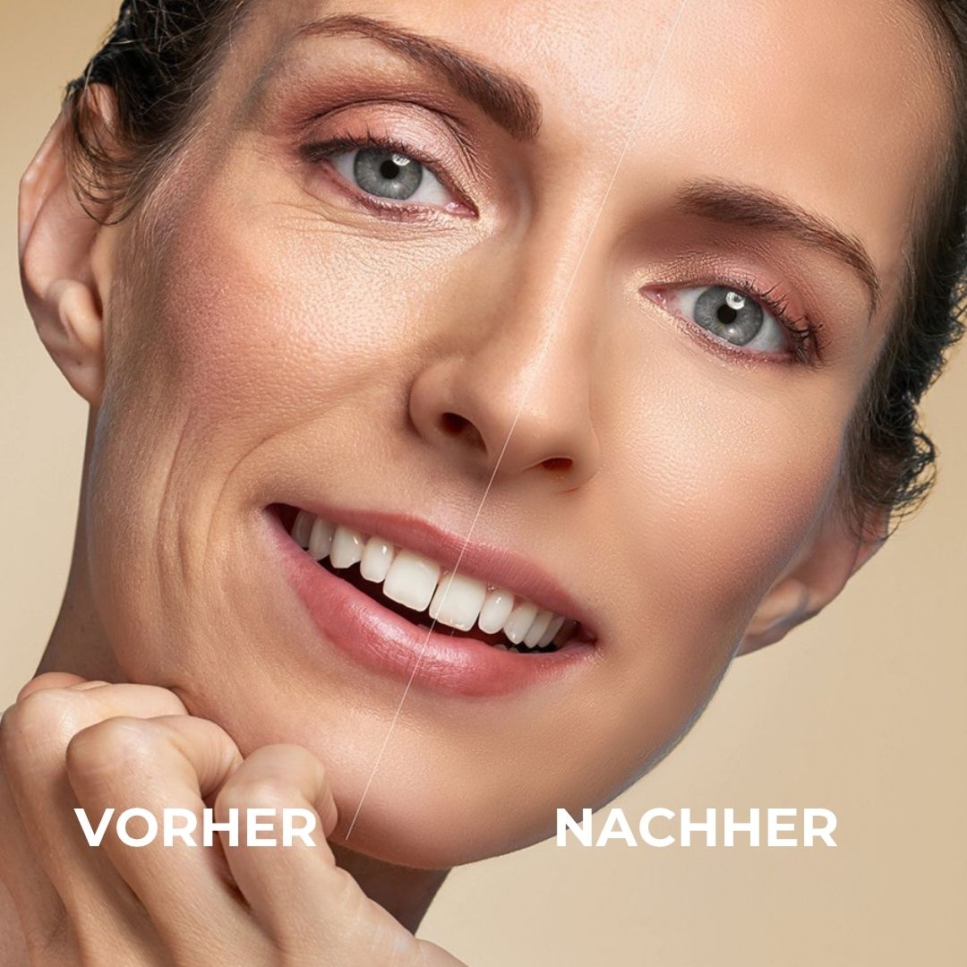Vorher-Nachher-Vergleich. Frau mit Falten, dann glattere Haut. Creme-Tiegel mit orangefarbenem Deckel.