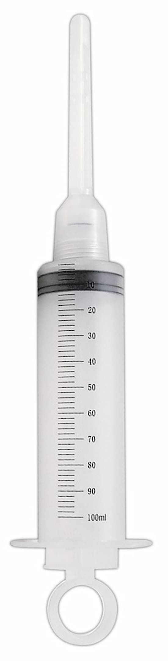 Eine transparente Spritze mit Skala bis 100ml. Mit einem Ringgriff und einem Applikator.