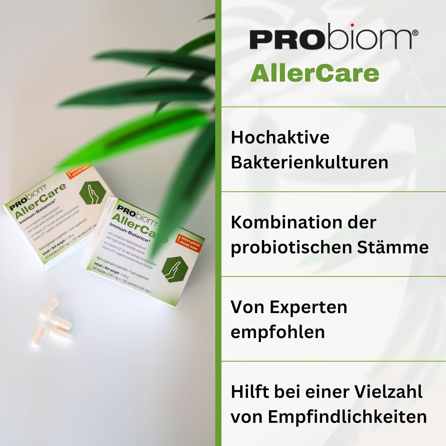 Zwei Schachteln Probiom AllerCare. Text: Hochaktive Bakterienkulturen, Kombination probiotischer Stämme, von Experten empfohlen.