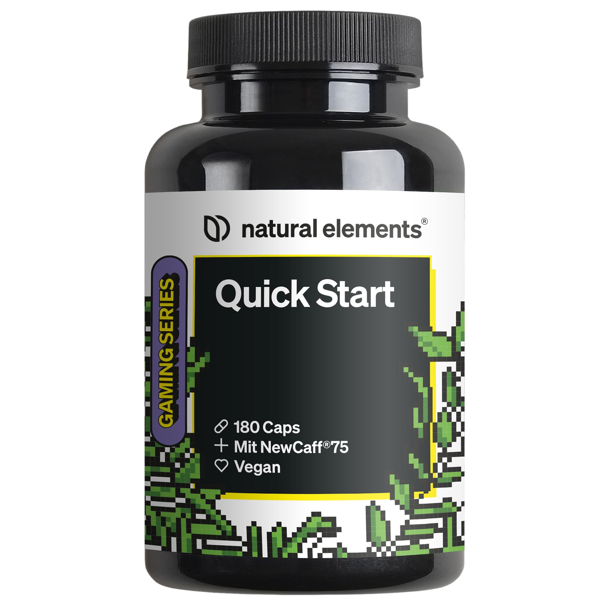 Schwarze Flasche mit weißem Etikett. Aufschrift: natural elements Quick Start, 180 Kapseln, NewCaff®75, Vegan. Gaming Series.