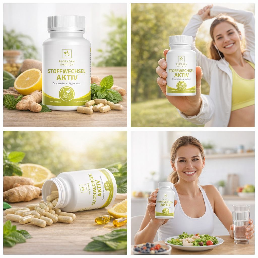 Weiße Kapseln und eine Flasche mit der Aufschrift "STOFFWECHSEL AKTIV". Auf dem Tisch liegen Zitronen, Ingwer und Minze.