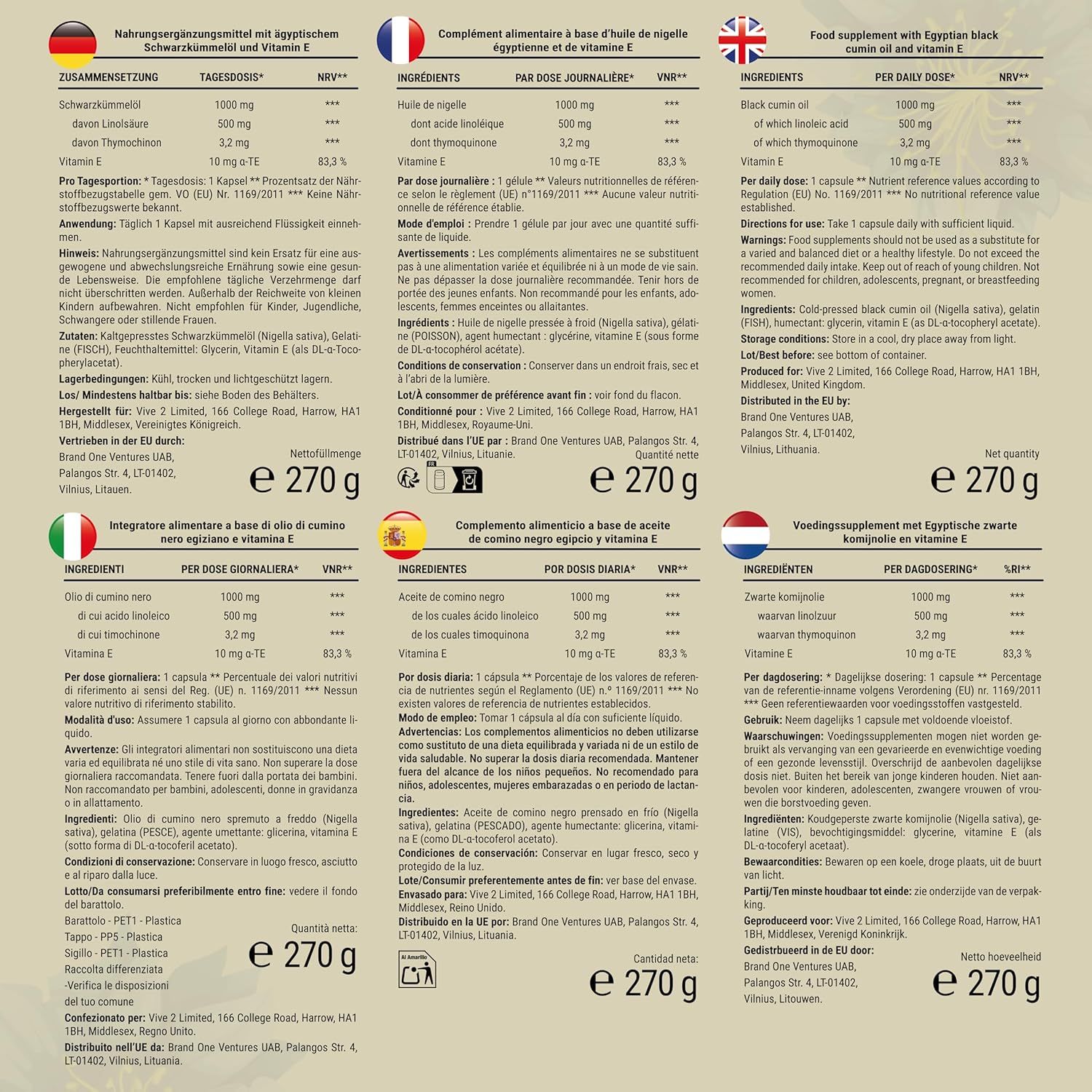 Mehrsprachige Etiketten mit Nährwertangaben. Informationen zu Inhaltsstoffen und Dosierung in verschiedenen Sprachen.
