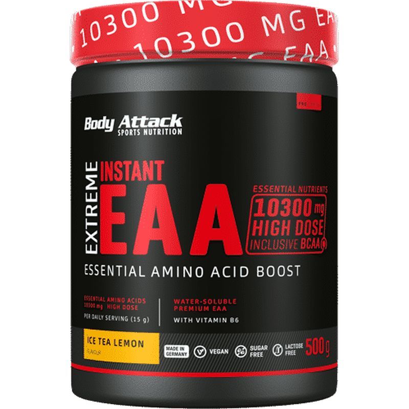 Schwarze Dose mit rotem Deckel. Aufschrift: Body Attack, Instant EAA, Essential Amino Acid Boost. Geschmack: Ice Tea Lemon. Vegan, zuckerfrei, laktosefrei.