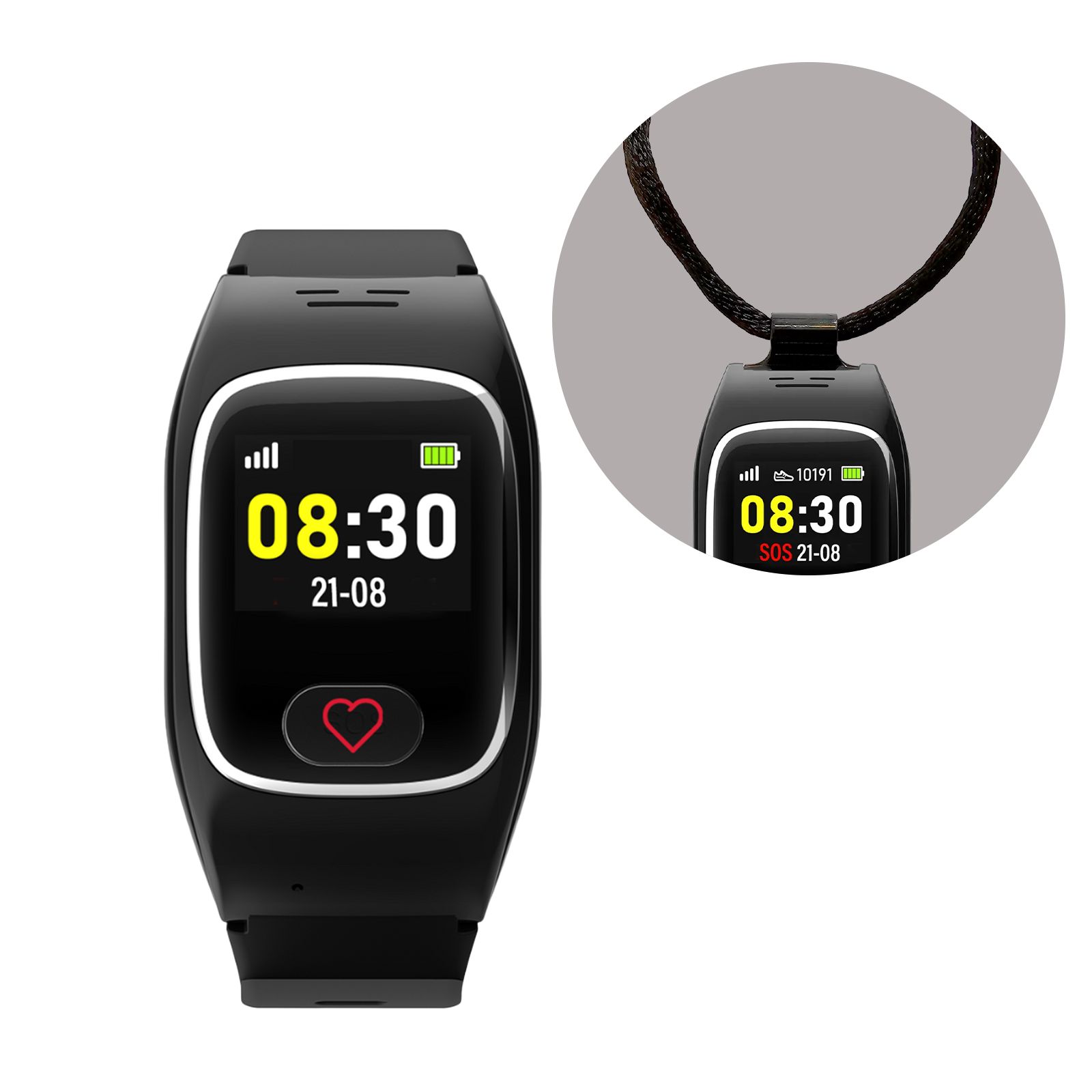 Schwarze Smartwatch mit digitaler Anzeige. Zeigt Uhrzeit, Datum und Herzsymbol. Anhänger mit SOS-Knopf.