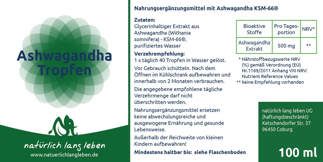 Etikett einer Flasche mit Ashwagandha Tropfen. Enthält Informationen zu Inhaltsstoffen, Dosierung und Nährwertangaben. 100 ml.