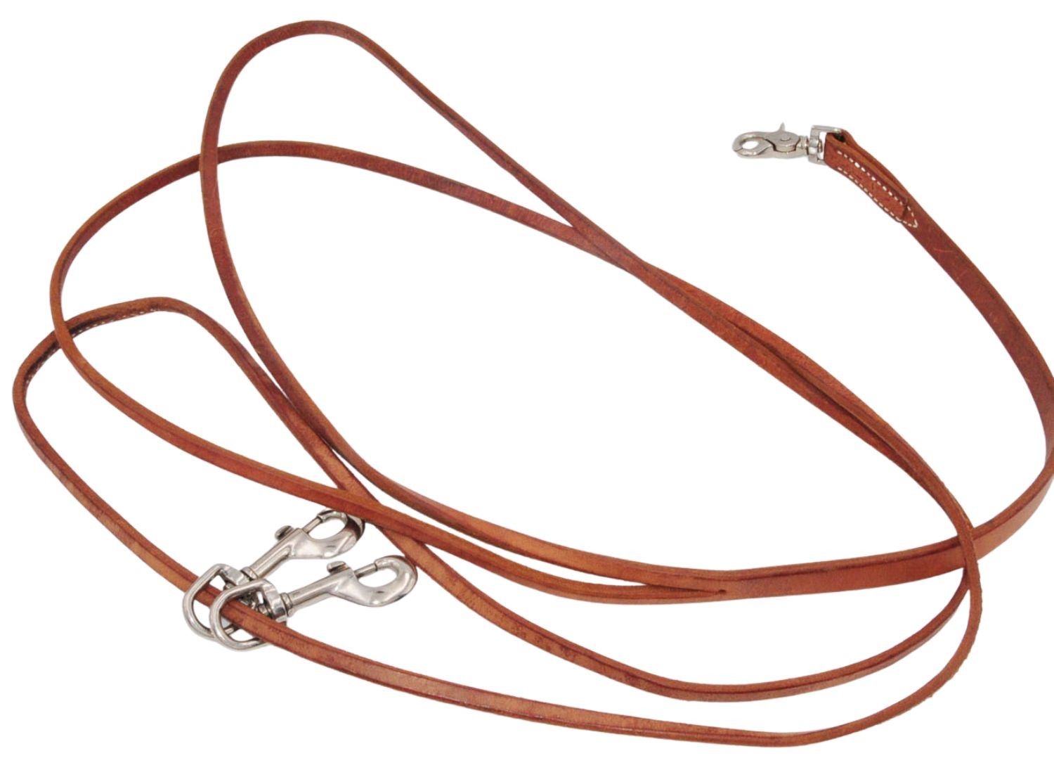 Lederzügel mit zwei Karabinerhaken und einem weiteren Haken.