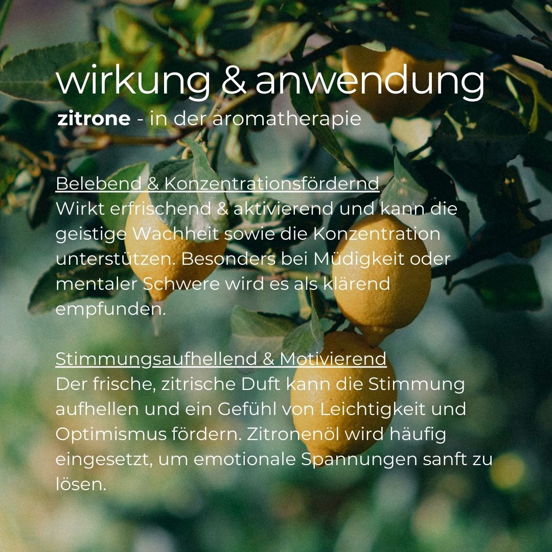 Text über Zitrone in der Aromatherapie. Zitronen auf einem Ast.