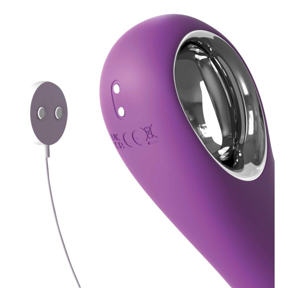 Lila Vibrator mit silbernen Akzenten. Sichtbar: Ladeanschluss, Bedienknöpfe, CE-Kennzeichnung.