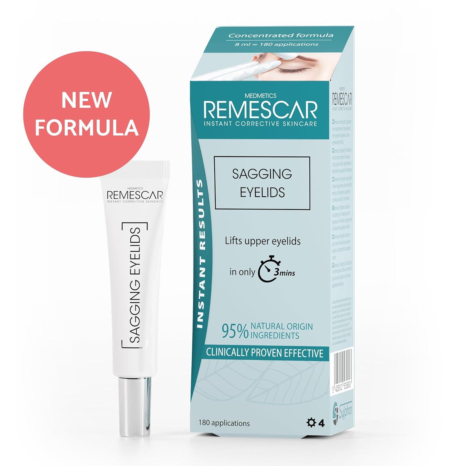 Remescar Schlupflider Augencreme, Tube und Verpackung. Roter Kreis mit 'Neue Formel'. Verpackung mit Produktinformationen.