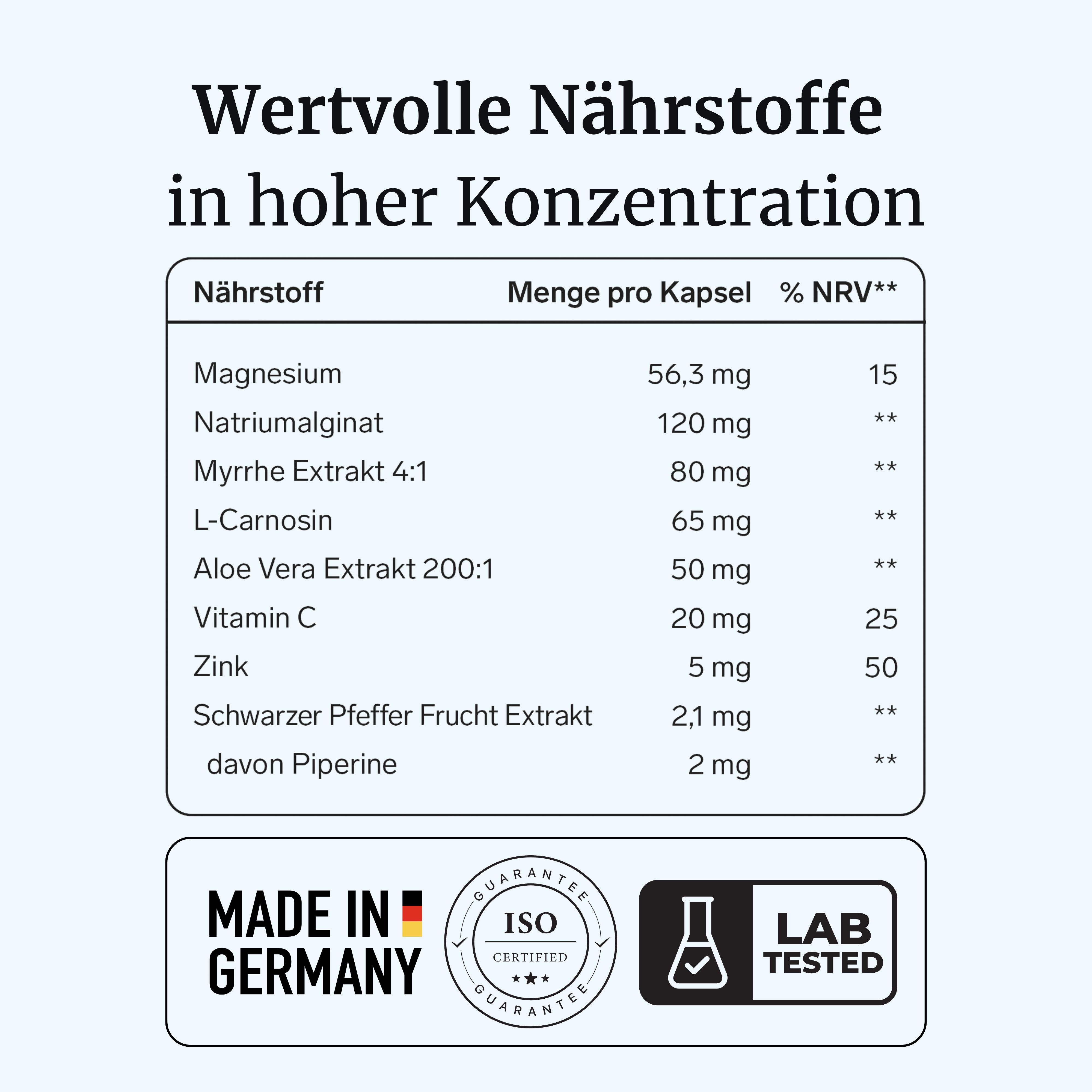 Tabelle mit Nährstoffen in GastroVia® Kapseln. Enthält Magnesium, Aloe Vera, Zink. Made in Germany, ISO, Lab Tested.