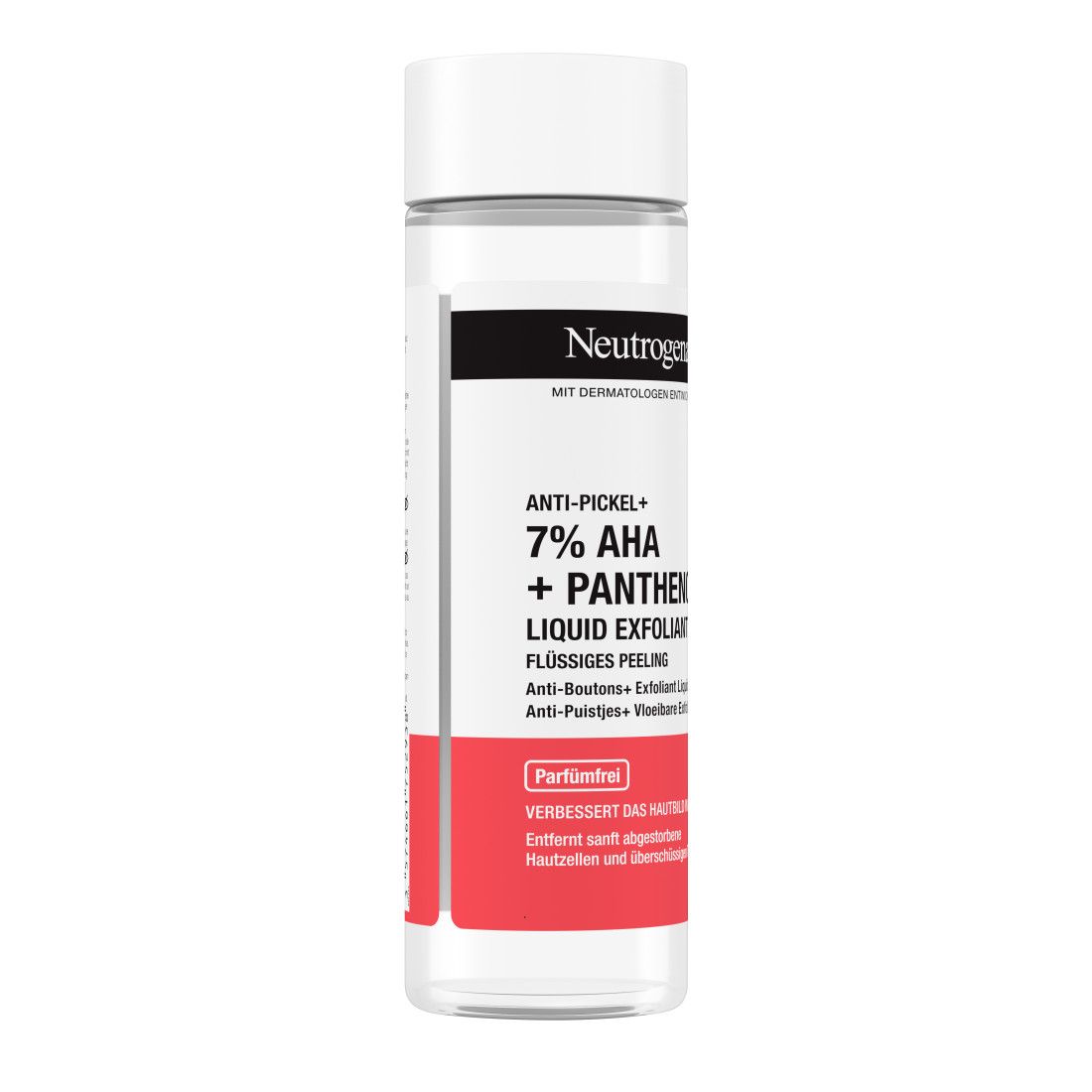 Klare Flasche mit weißem Deckel. Roter Streifen mit Produktinformationen. Schwarze Schrift: Neutrogena, Anti-Pickel+ 7% AHA + Panthenol.