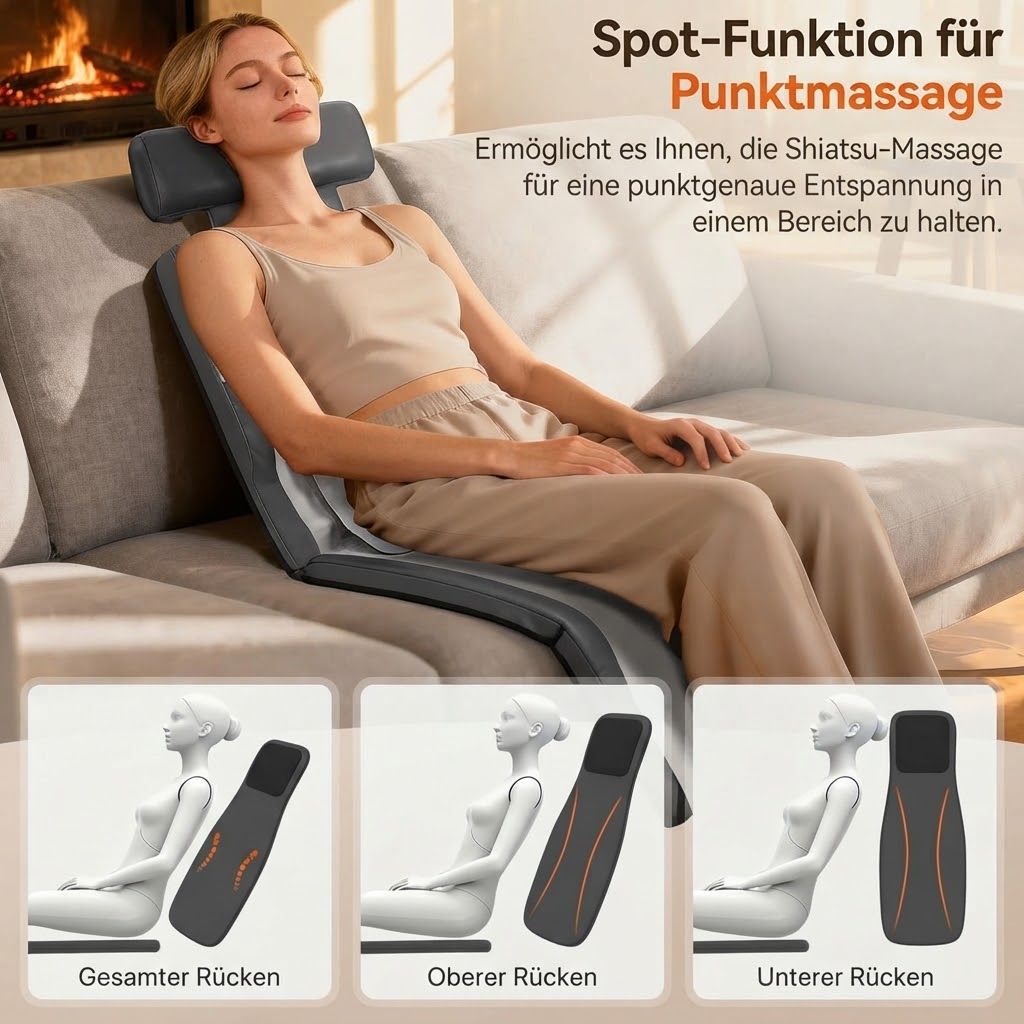 Frau auf Sofa mit Massagematte, die Shiatsu-Massage für den gesamten, oberen oder unteren Rücken anbietet.