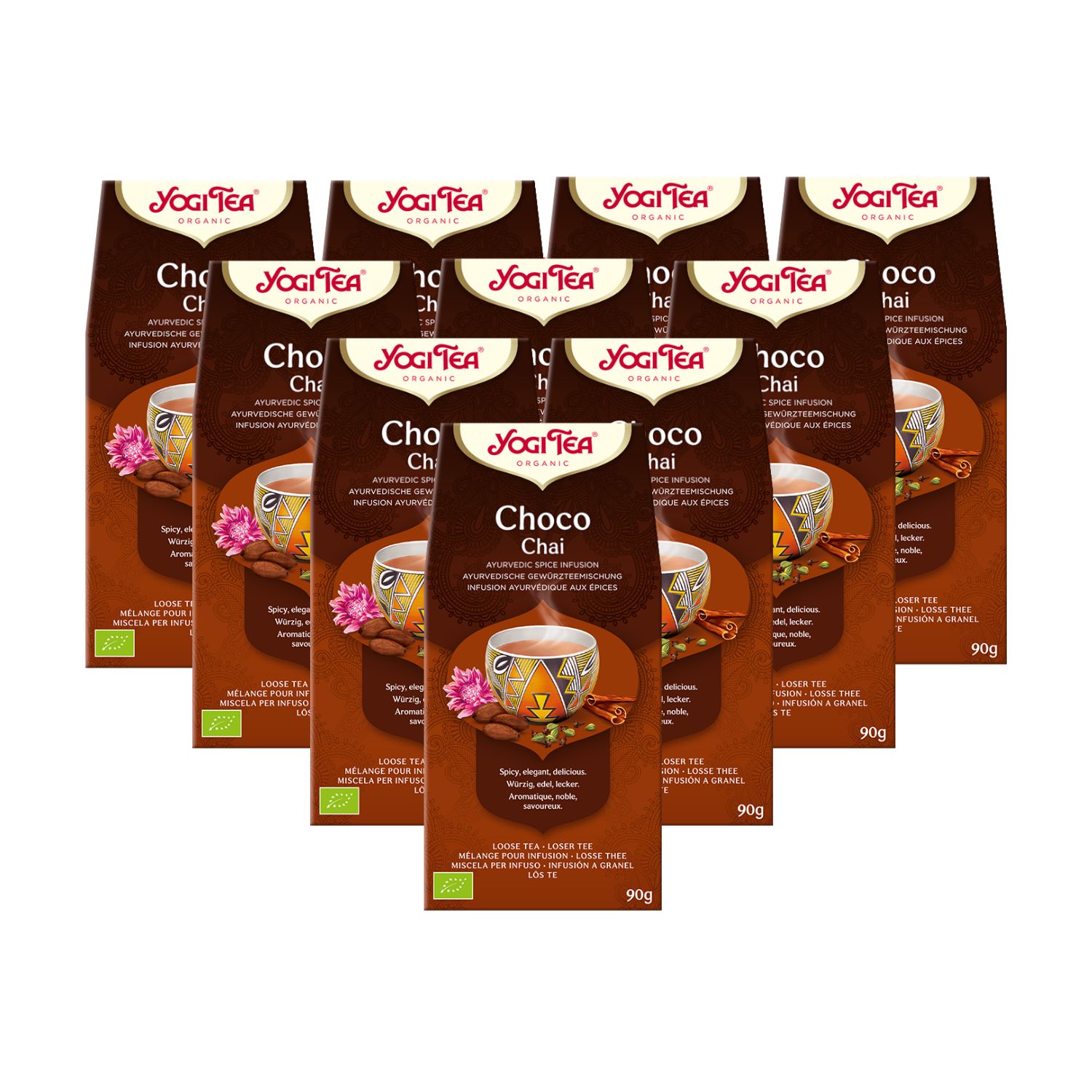 Mehrere Packungen Yogi Tea Choco Chai. Braune Verpackung mit Logo und Produktbezeichnung. Bio-Siegel und Gewichtsangabe.
