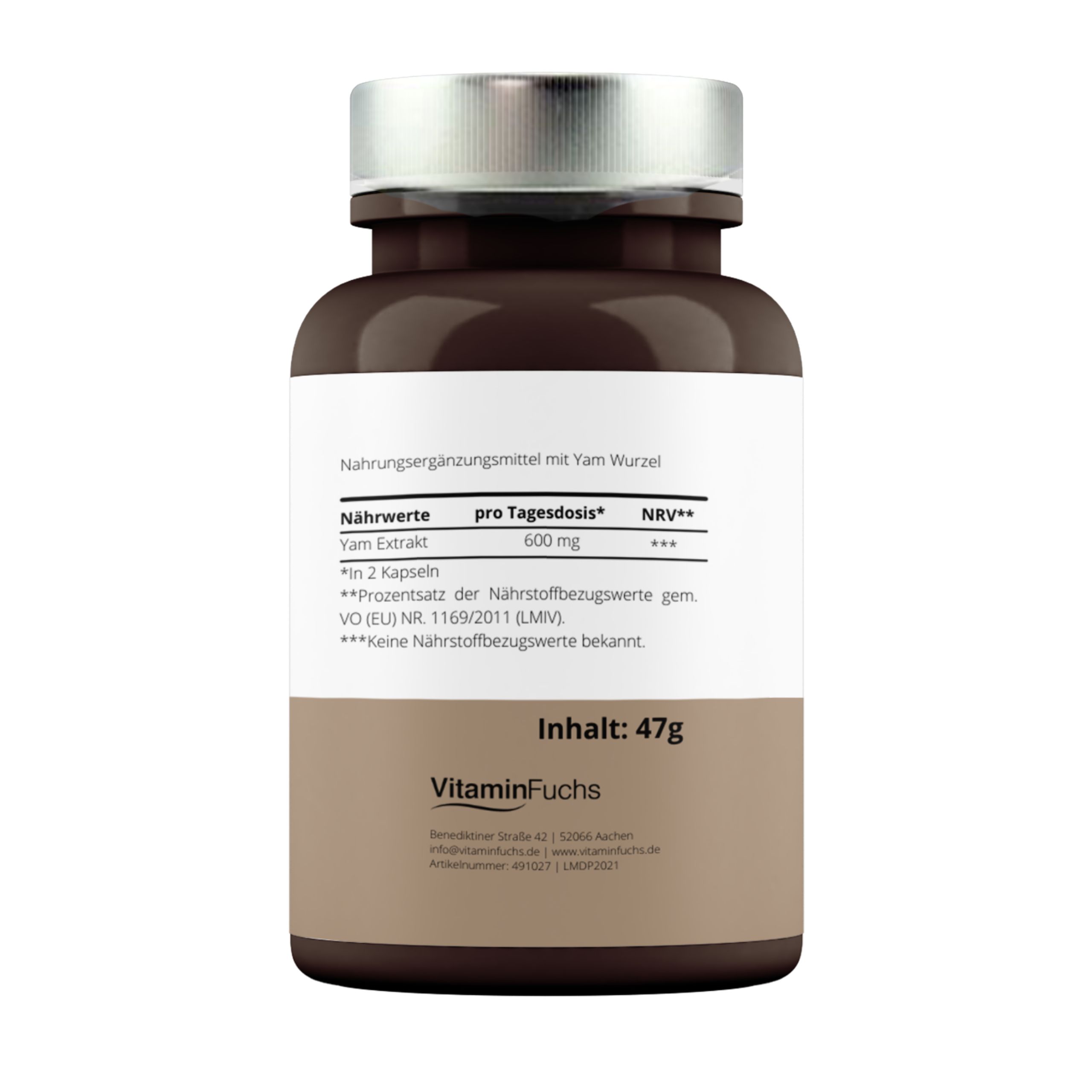 Rückseite einer braunen Kapsel-Flasche mit Nährwertangaben und "VitaminFuchs".