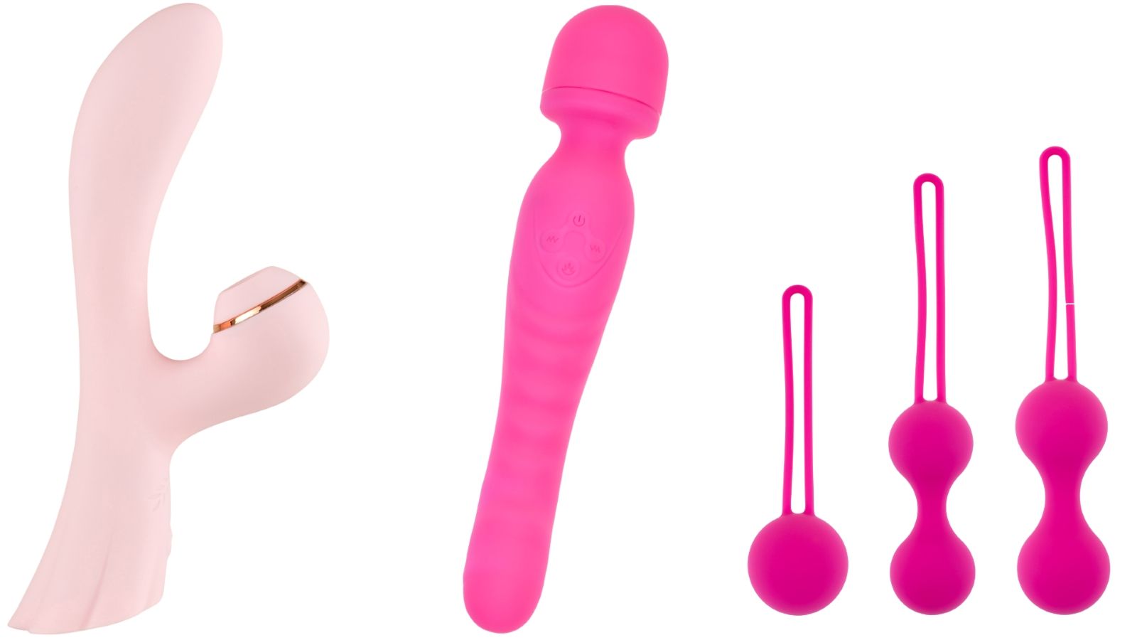 Verschiedene Erotikspielzeuge: Vibrator, Kugeln mit Schlaufen. Rosa Farben.