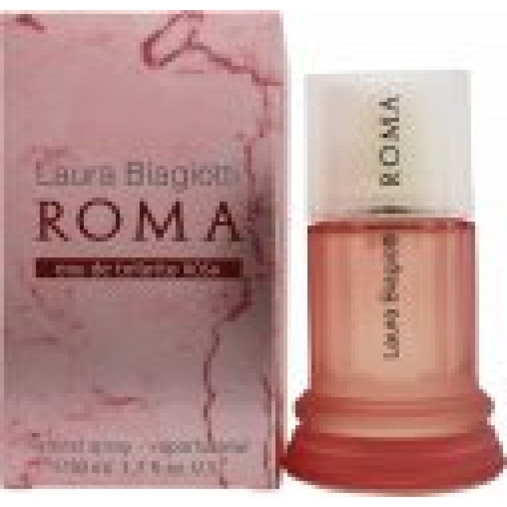 Laura Biagiotti Roma Eau de Toilette Rose Flakon und Verpackung. Rosa Marmormuster.