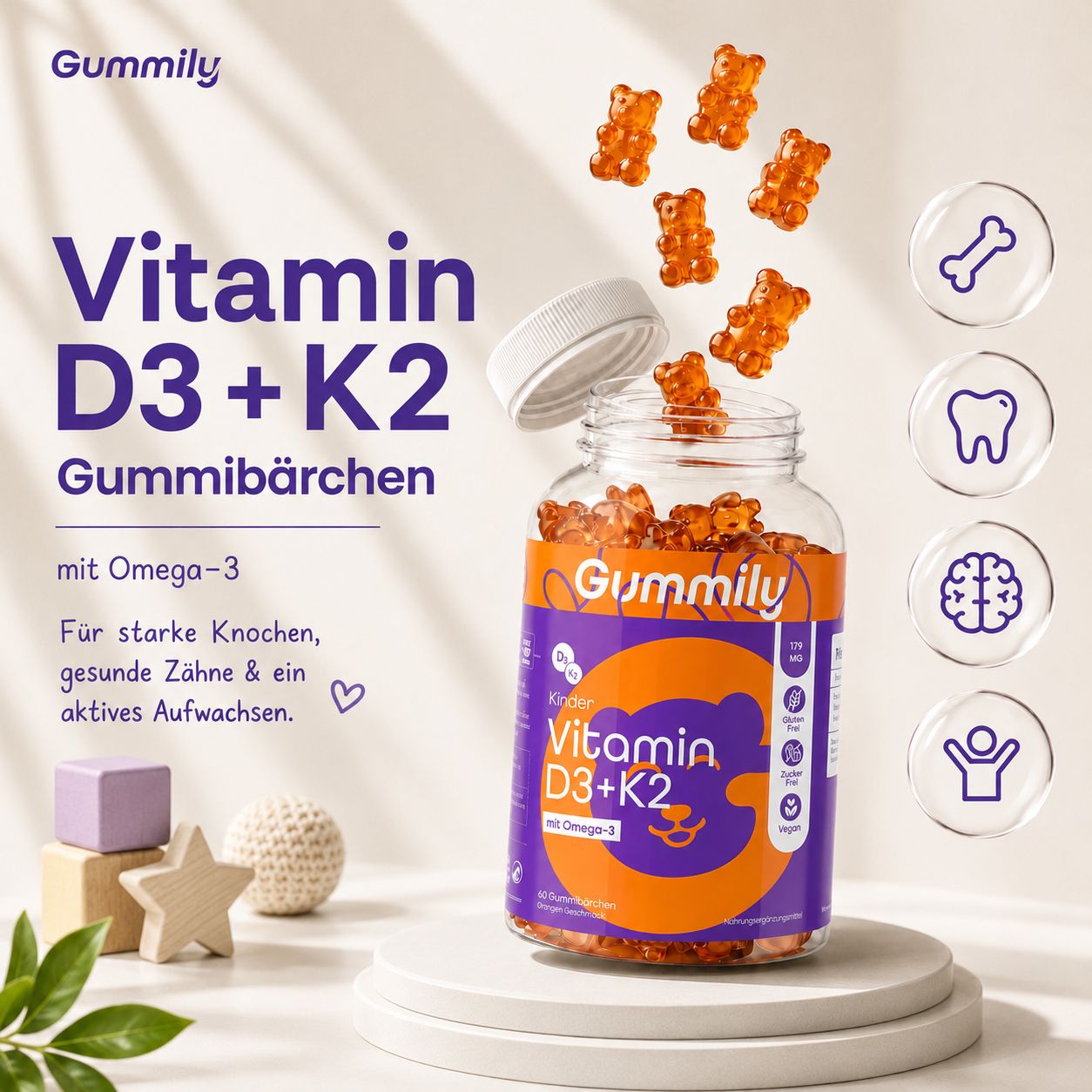 Gummily Vitamin D3+K2 Gummibärchen mit Omega-3 für starke Knochen.