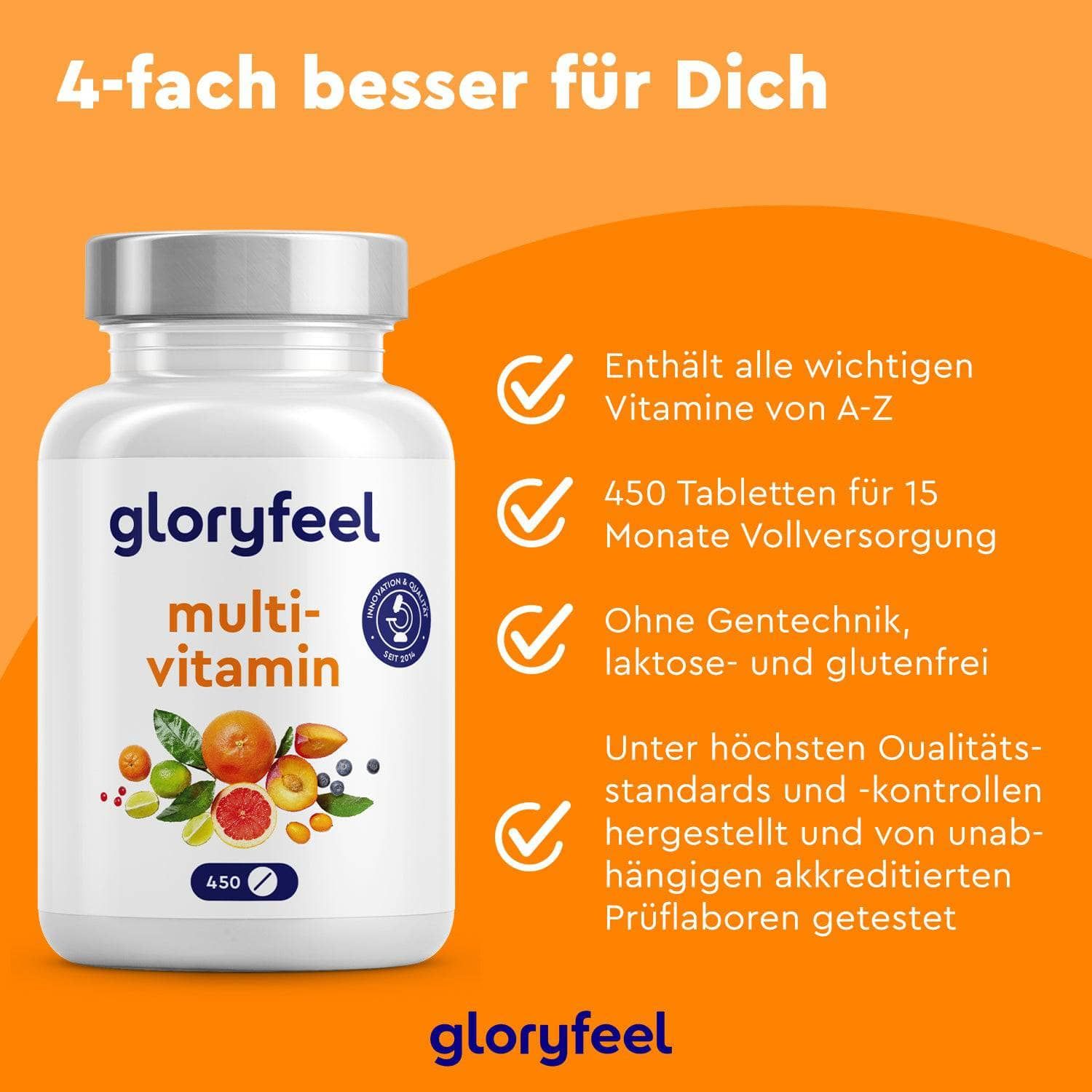 Weiße Flasche gloryfeel® Multivitamin mit 450 Tabletten. Enthält alle wichtigen Vitamine A-Z. Ohne Gentechnik, Laktose und Gluten.