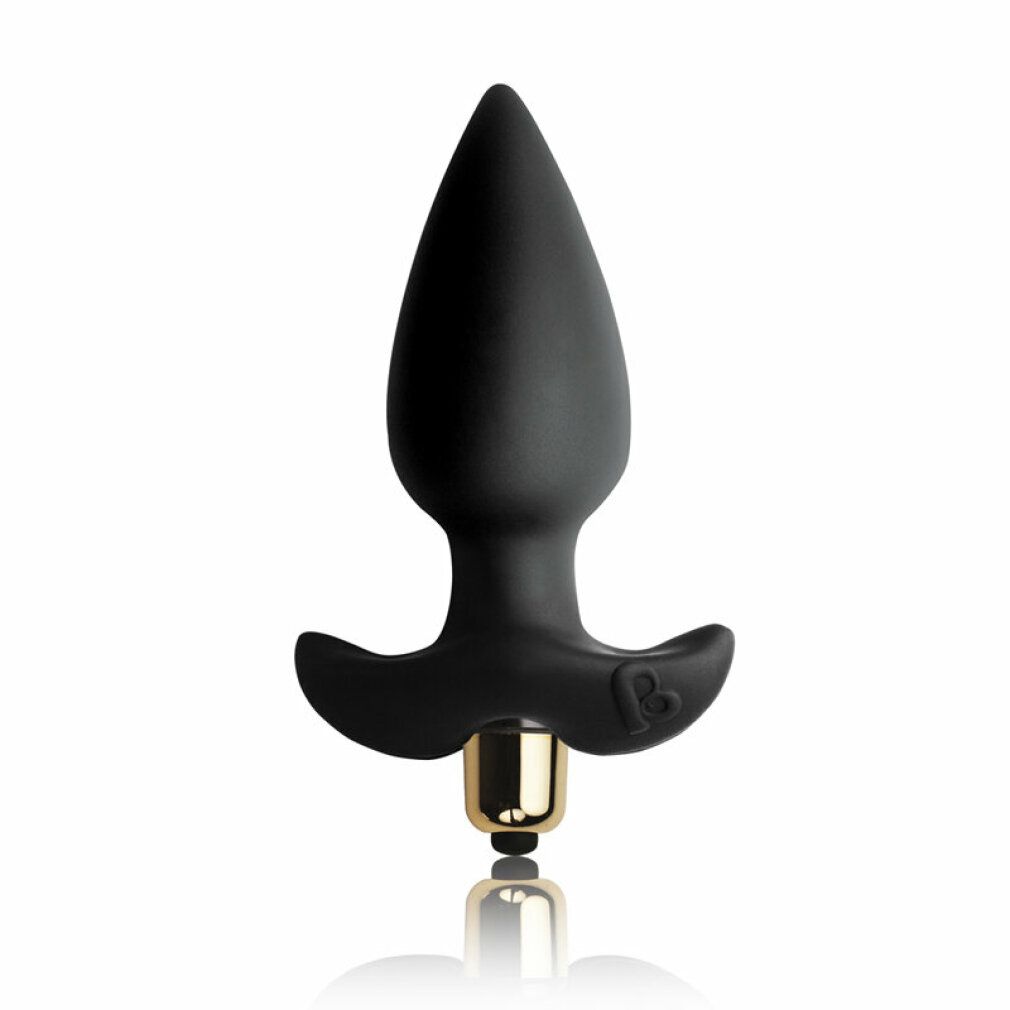 Schwarzer, tropfenförmiger Analplug mit goldfarbenem Sockel. Griff mit Logo. Aus Silikon.