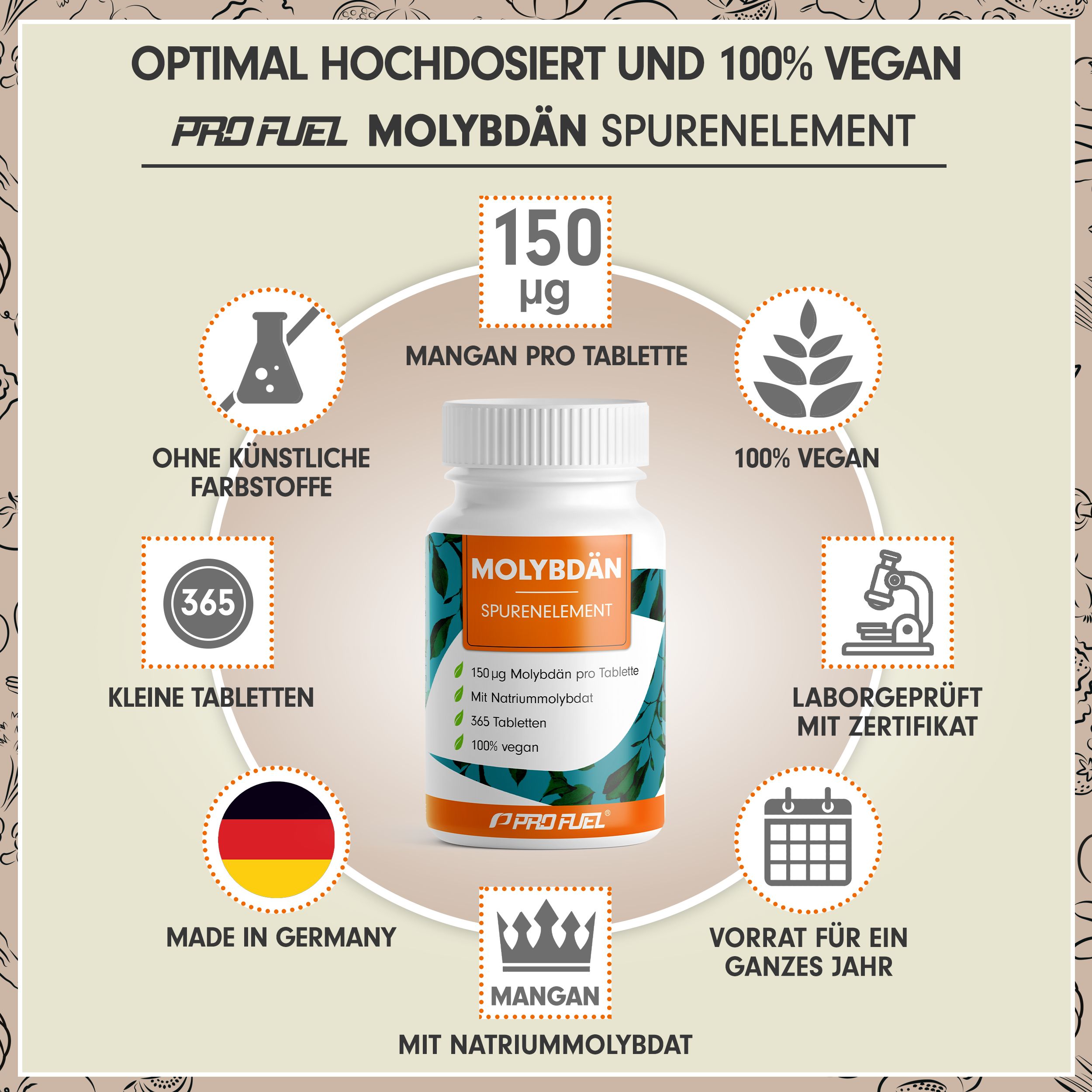 Produktabbildung mit Text und Icons. Molybdän-Tabletten in Flasche. Text: 150 µg, vegan, Laborgeprüft, Made in Germany.