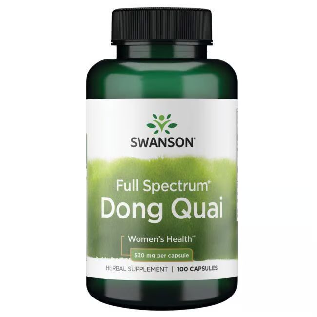 Grüne Flasche mit weißem Etikett. Aufschrift: SWANSON Dong Quai, 530 mg pro Kapsel. 100 Kapseln. Kräuterergänzungsmittel.