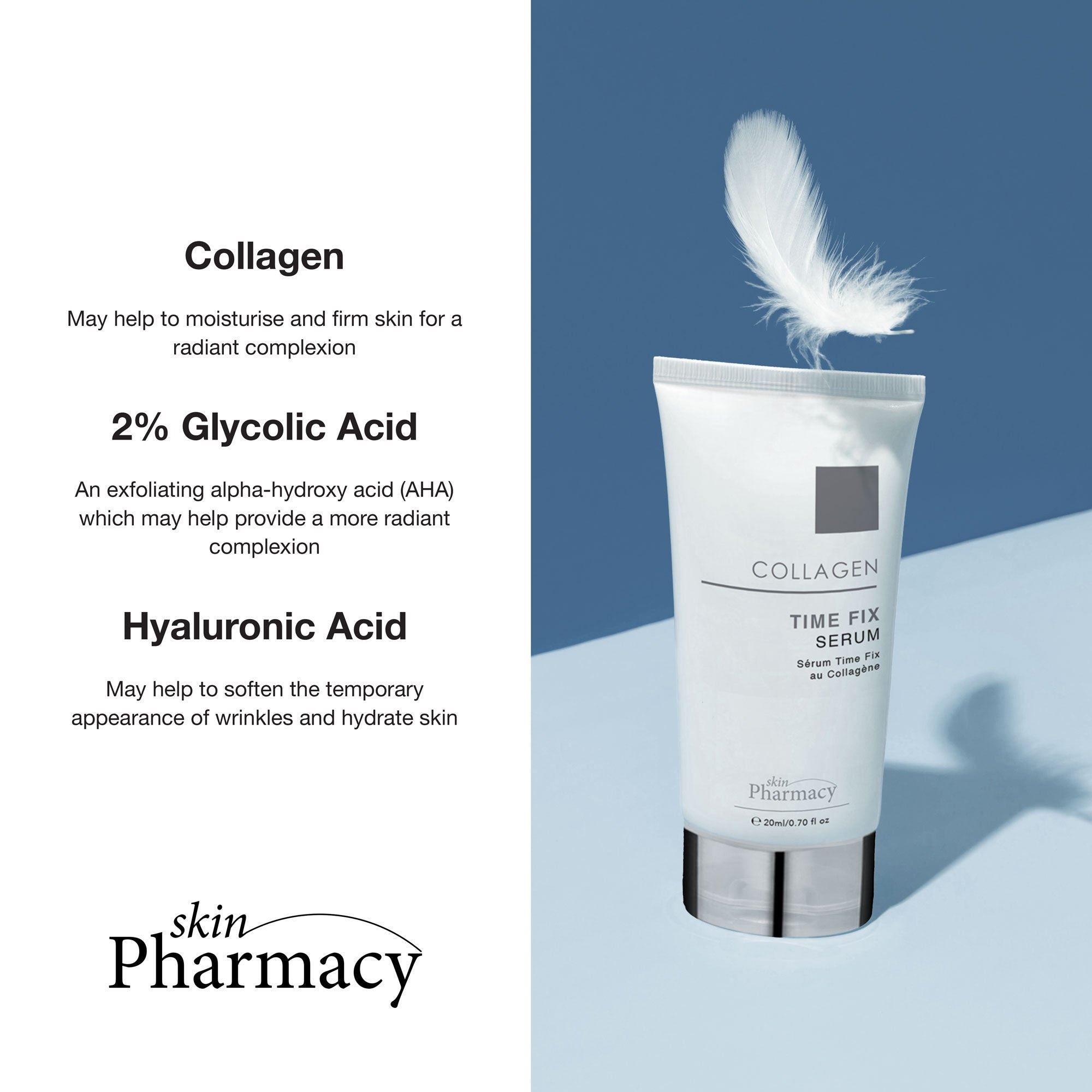 Tube skinPharmacy Collagen Time Fix Serum mit Feder und Text über Inhaltsstoffe.