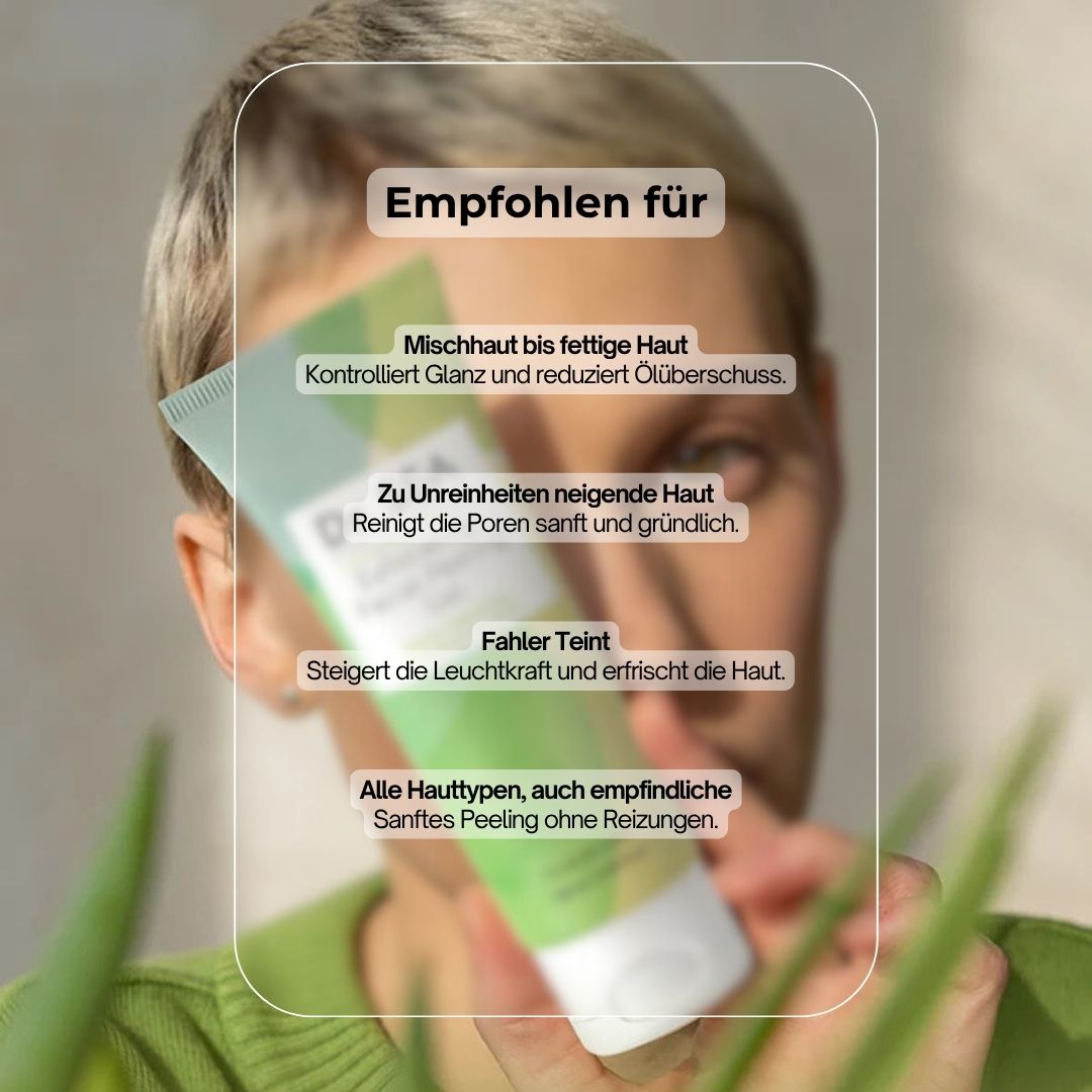 Gel-Tube mit Text. Aufschrift: Dr. SEA, Exfolierendes Peeling-Gel für das Gesicht. Empfohlen für verschiedene Hauttypen.