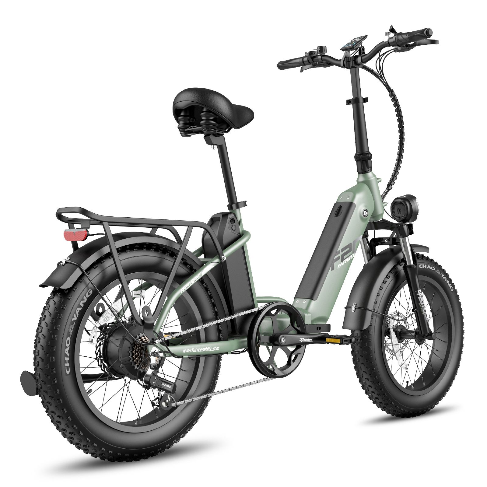 Hellgrünes, zusammenklappbares E-Bike. Schwarze Reifen, Sattel und Gepäckträger. Rücklicht und Akku.