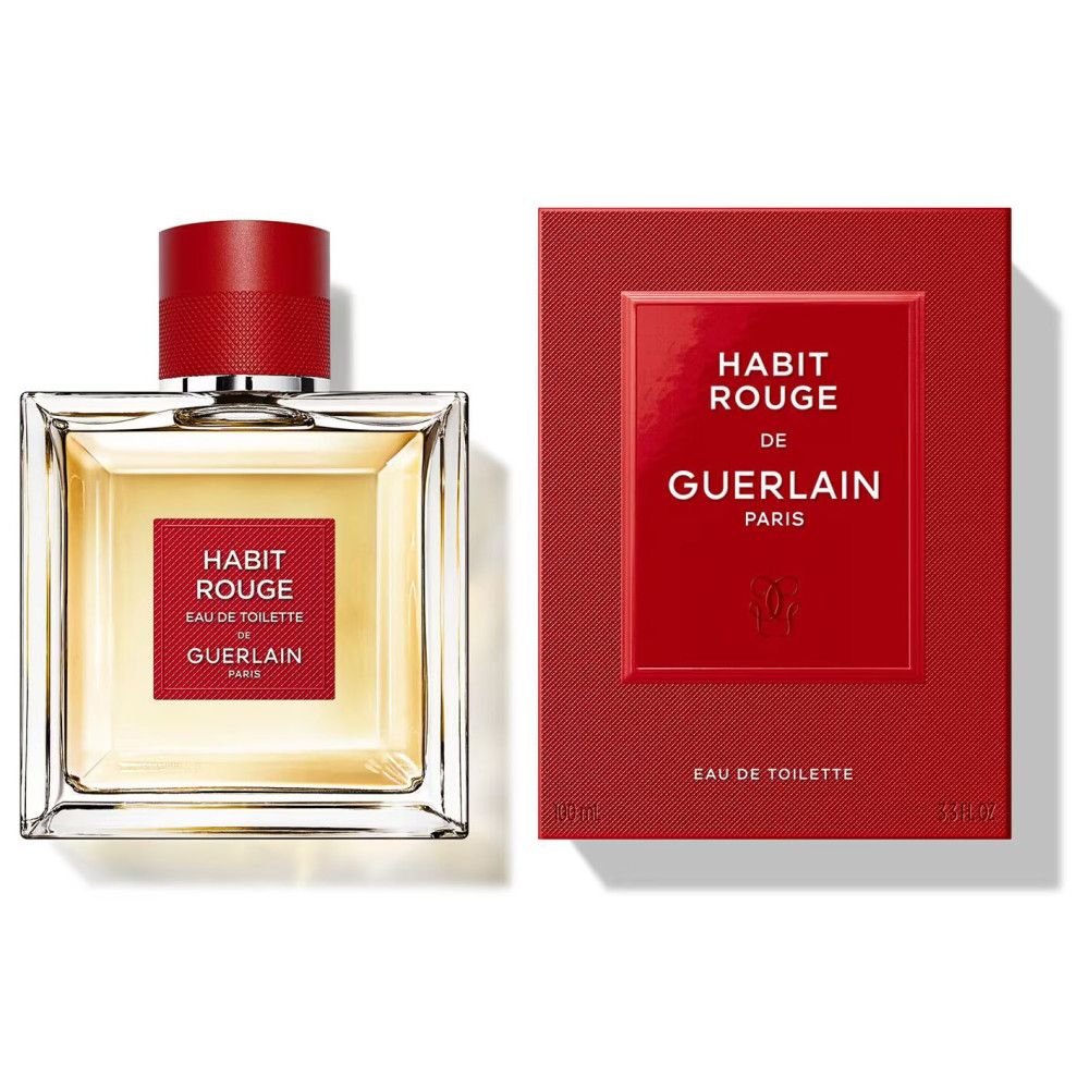 Habit Rouge Flakon und Verpackung. Roter Deckel, rechteckiger Flakon, roter Schriftzug. Rote Verpackung.